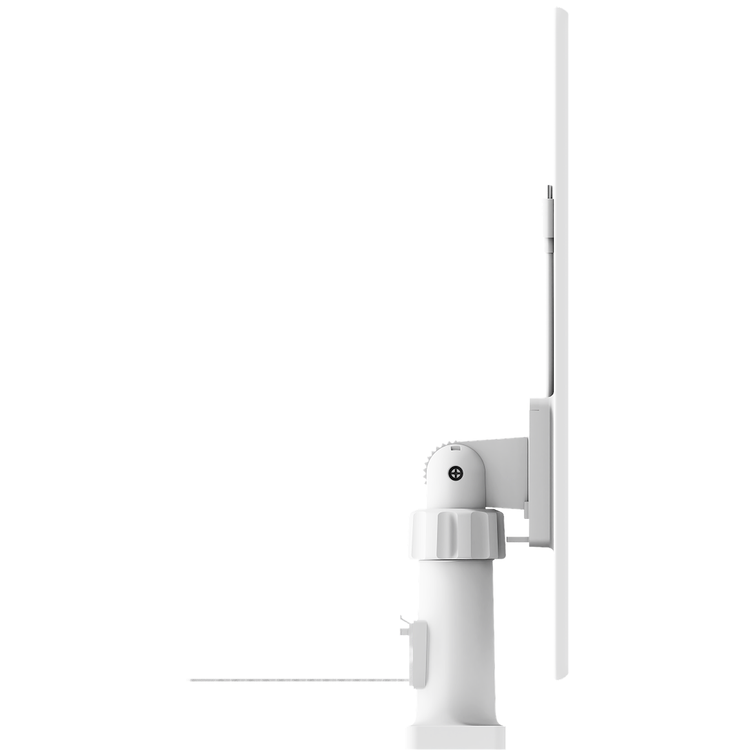 A white, rectangular antenna with a cylindrical base and adjustable mounting components, against a white background.