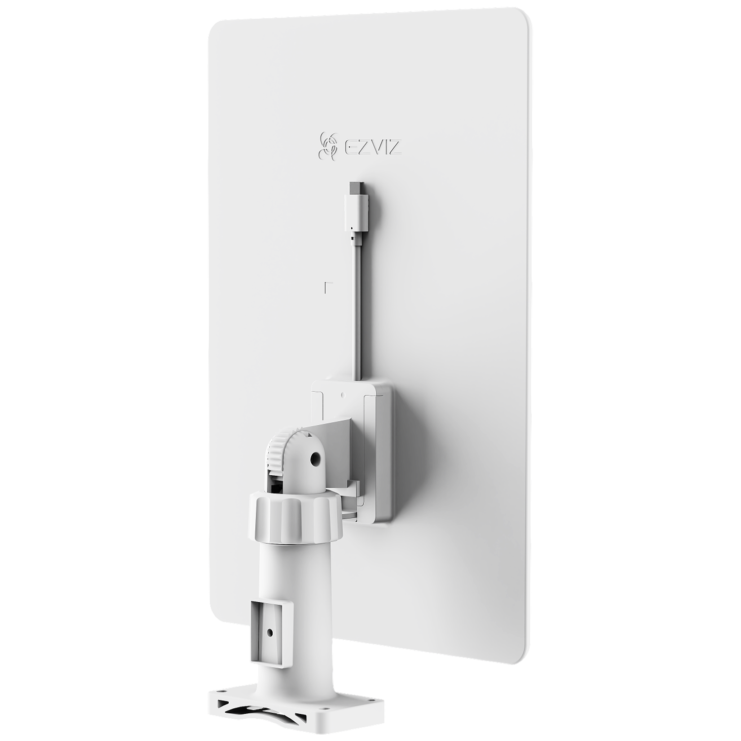 A white rectangular device with a stand. A USB-C cable is connected. The device is branded 'EZVIZ'.