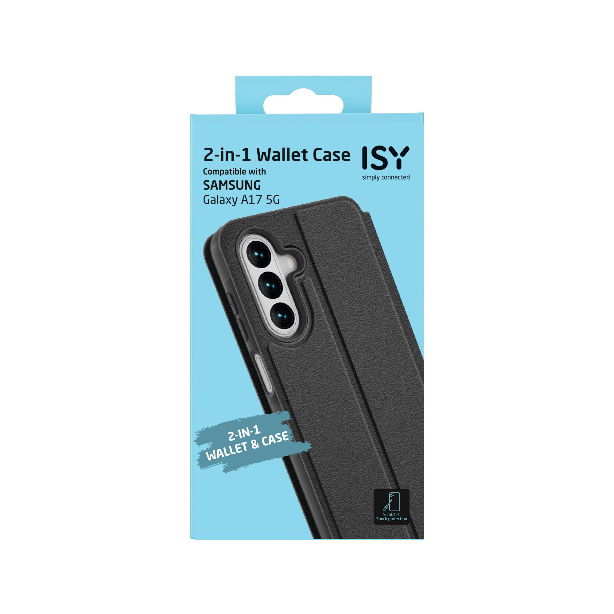 Eine Handyhüllenbox mit dem Text '2-in-1 Wallet Case'. Kompatibel mit Samsung Galaxy A17 5G. Die Hülle ist schwarz.