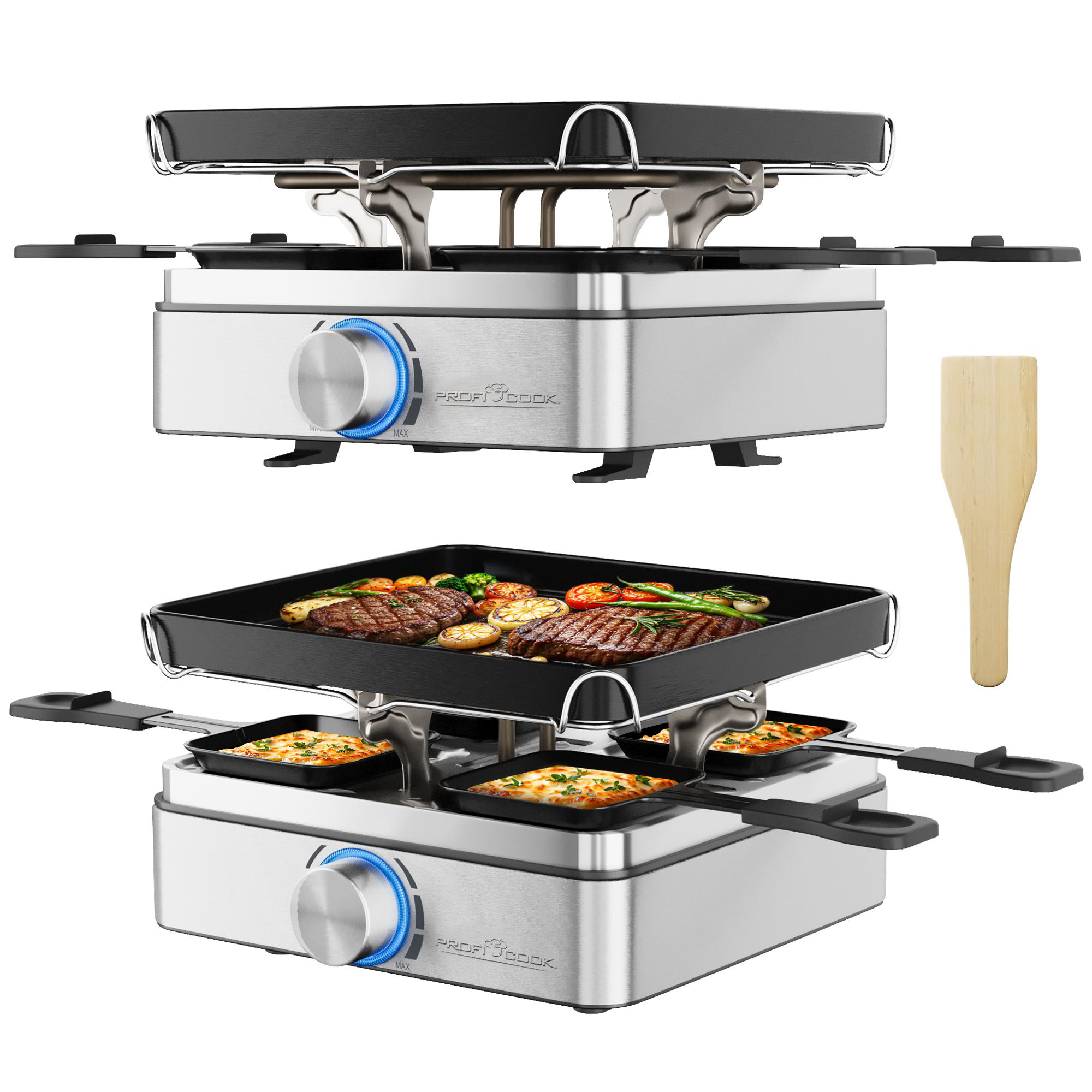 Raclette-Grill mit zwei Ebenen, eine mit kochendem Essen und eine mit Käsegerichten. Auf der Seite befindet sich ein Holzspatel.
