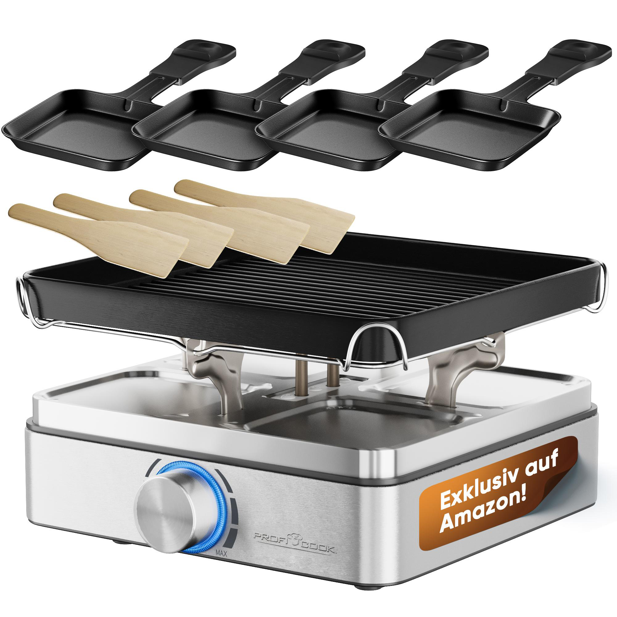 Raclette-Grill mit Pfannen und Spateln. Enthält eine Grillplatte und einen Sockel mit Drehknopf. Brauner Amazon-Aufkleber.