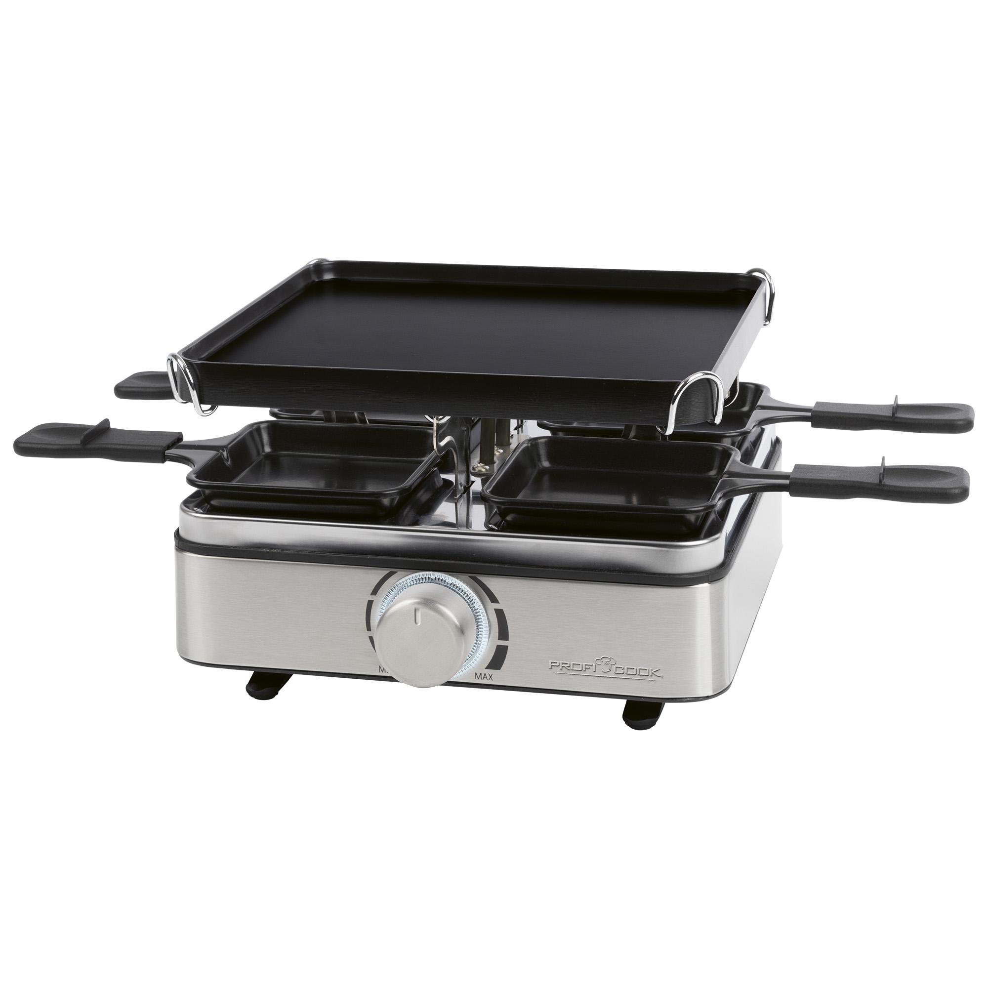 Ein Raclette-Grill mit schwarzer Kochfläche und vier kleinen Pfannen. Er hat eine Edelstahlbasis und einen Knopf.