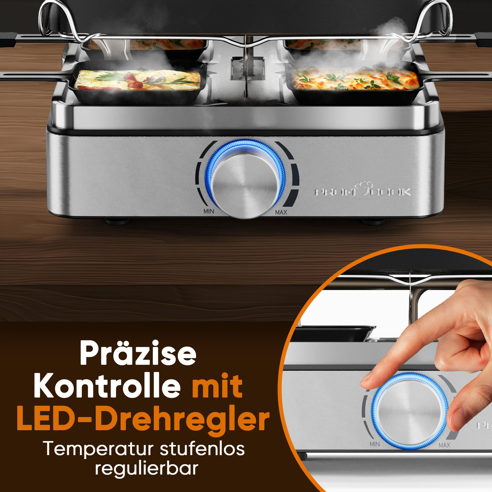 Ein silberner Raclette-Grill mit zwei Pfannen mit Essen. Eine Hand dreht einen Knopf mit blauer LED. Text: 'Präzise Kontrolle...'