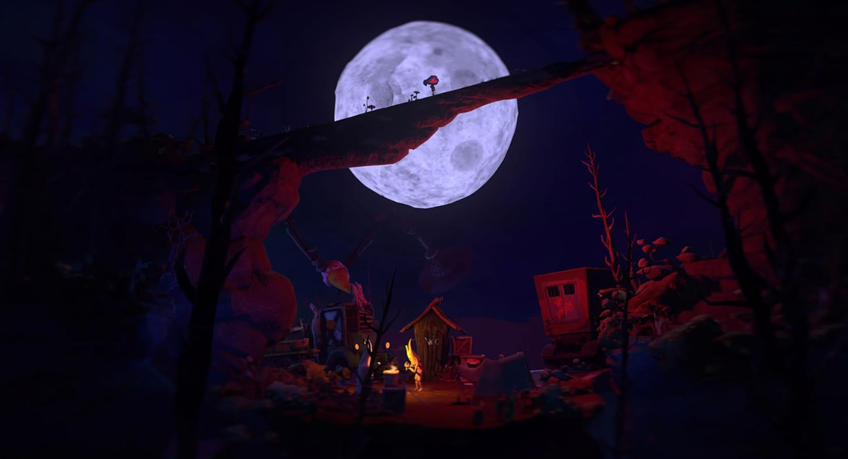 Nachtszenen mit großem Mond. Eine Brücke mit Pilzen. Strukturen und Figuren im Vordergrund. Rote und dunkle Farbtöne dominieren.
