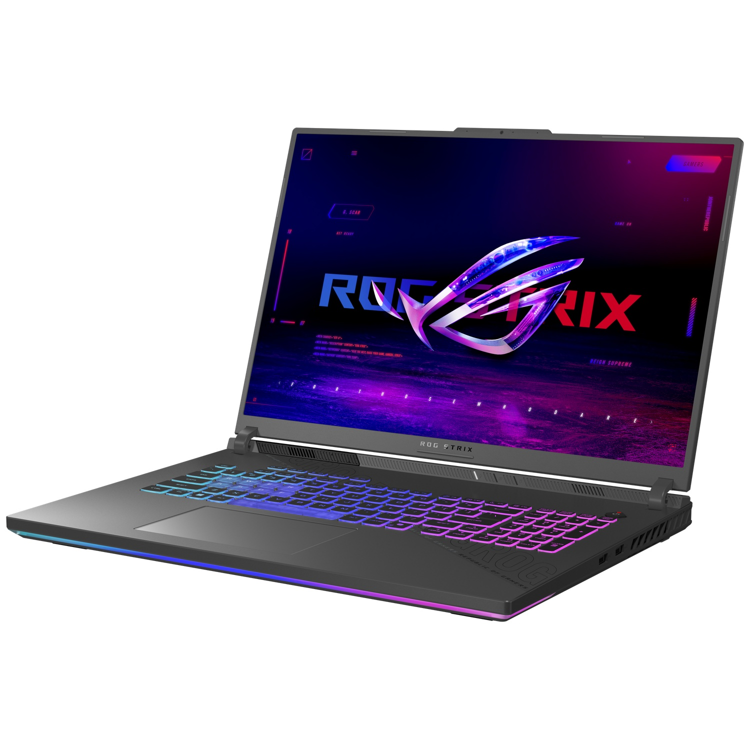 Un ordinateur portable ROG Strix noir est ouvert, affichant un écran et un clavier colorés. L'écran affiche un logo. Le clavier est éclairé en RVB.