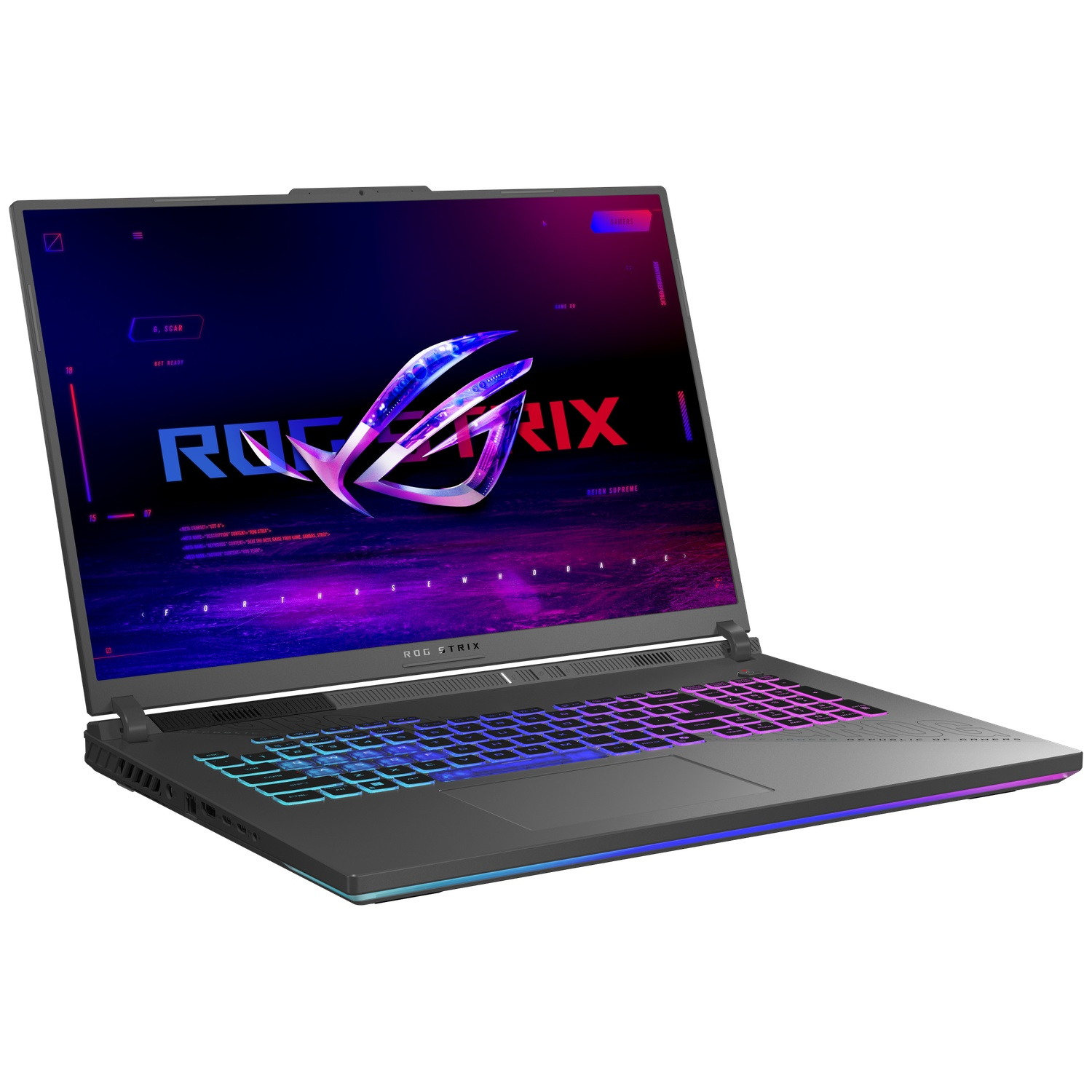 Un ordinateur portable gris foncé avec un écran lumineux affichant le logo ROG Strix. Le clavier a des touches éclairées avec des couleurs RVB. L'ordinateur portable est ouvert.