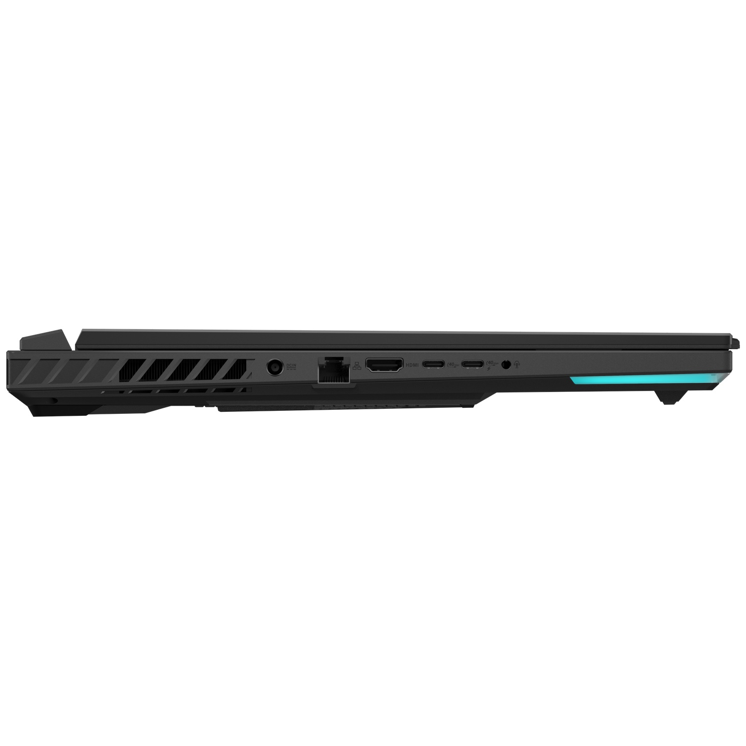 Vue latérale d'un ordinateur portable noir avec des ports, dont HDMI, USB-C et entrée d'alimentation, sur fond blanc. L'ordinateur a un accent turquoise.