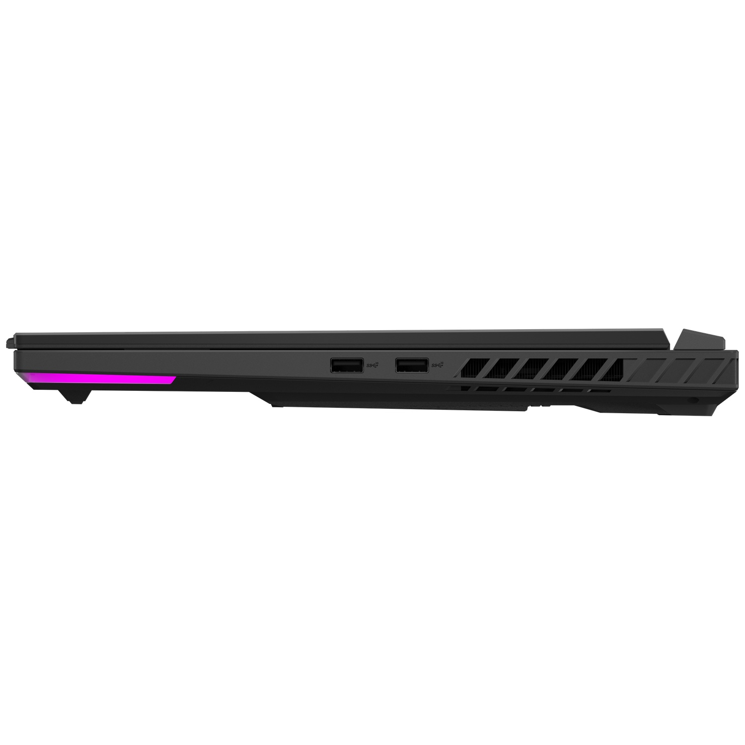 Vue latérale d'un ordinateur portable noir. Il a une bande lumineuse rose et des ports USB. L'ordinateur portable est sur fond blanc.
