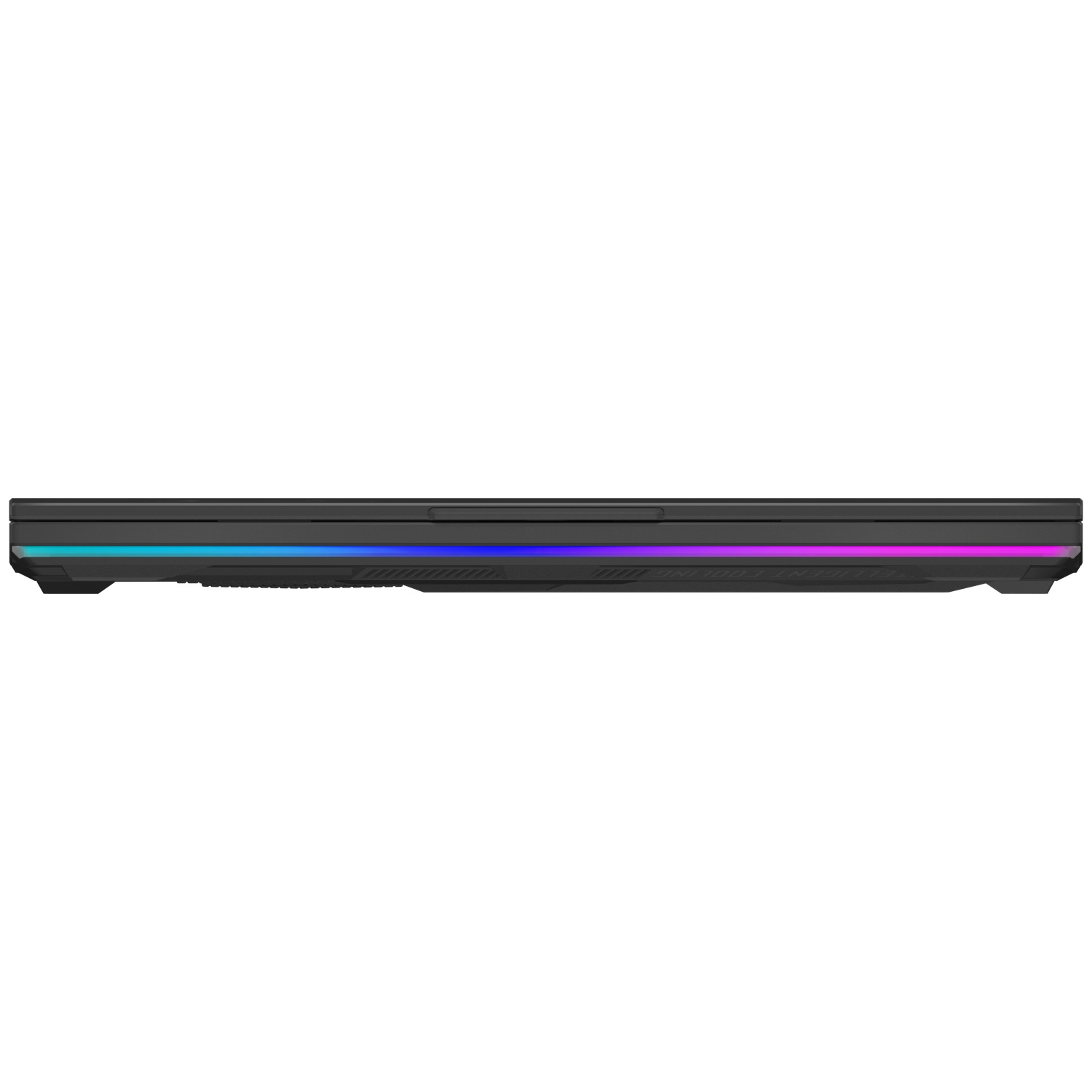 Un ordinateur portable noir, vu de côté, avec une bande lumineuse colorée le long du bord inférieur. Le fond est blanc.