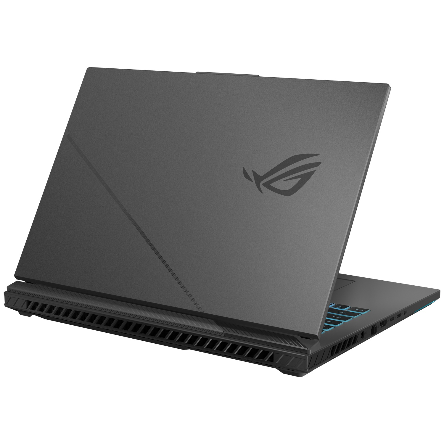 Un ordinateur portable gris est légèrement ouvert. Le logo ROG est visible. Une ligne diagonale et des fentes d'aération sont présentes.