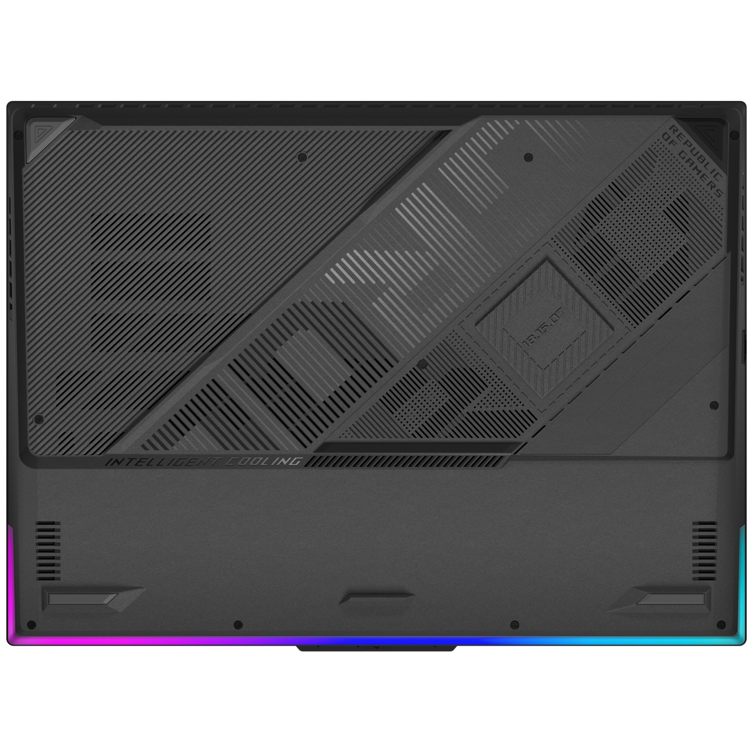 Dessous d'ordinateur portable noir avec motifs texturés, texte 'INTELLIGENT COOLING' et bordure multicolore lumineuse.