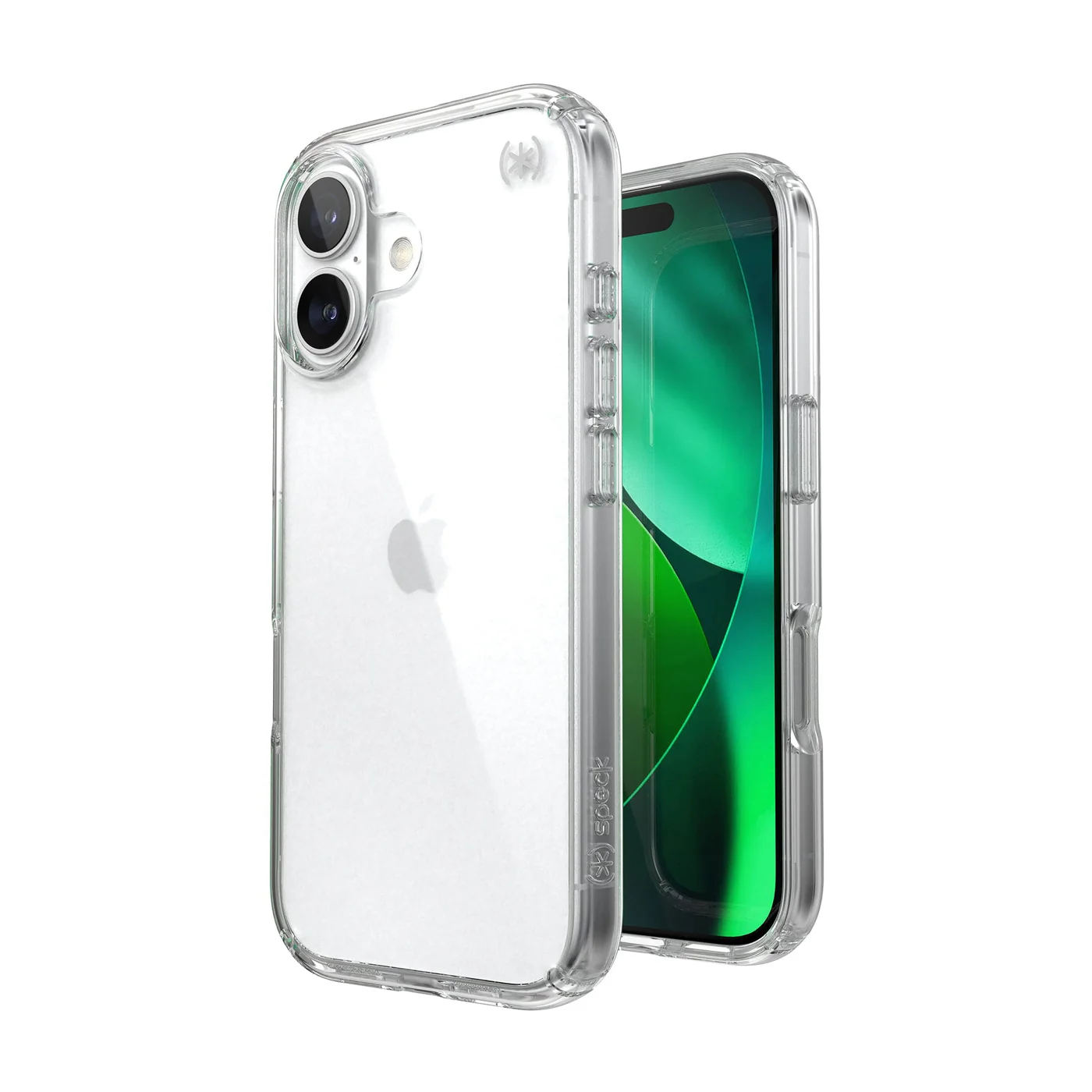 Egy átlátszó telefontok egy iPhone mellett. A tok átlátszó, mutatva a telefon hátulját. A képernyő zöld képet jelenít meg.
