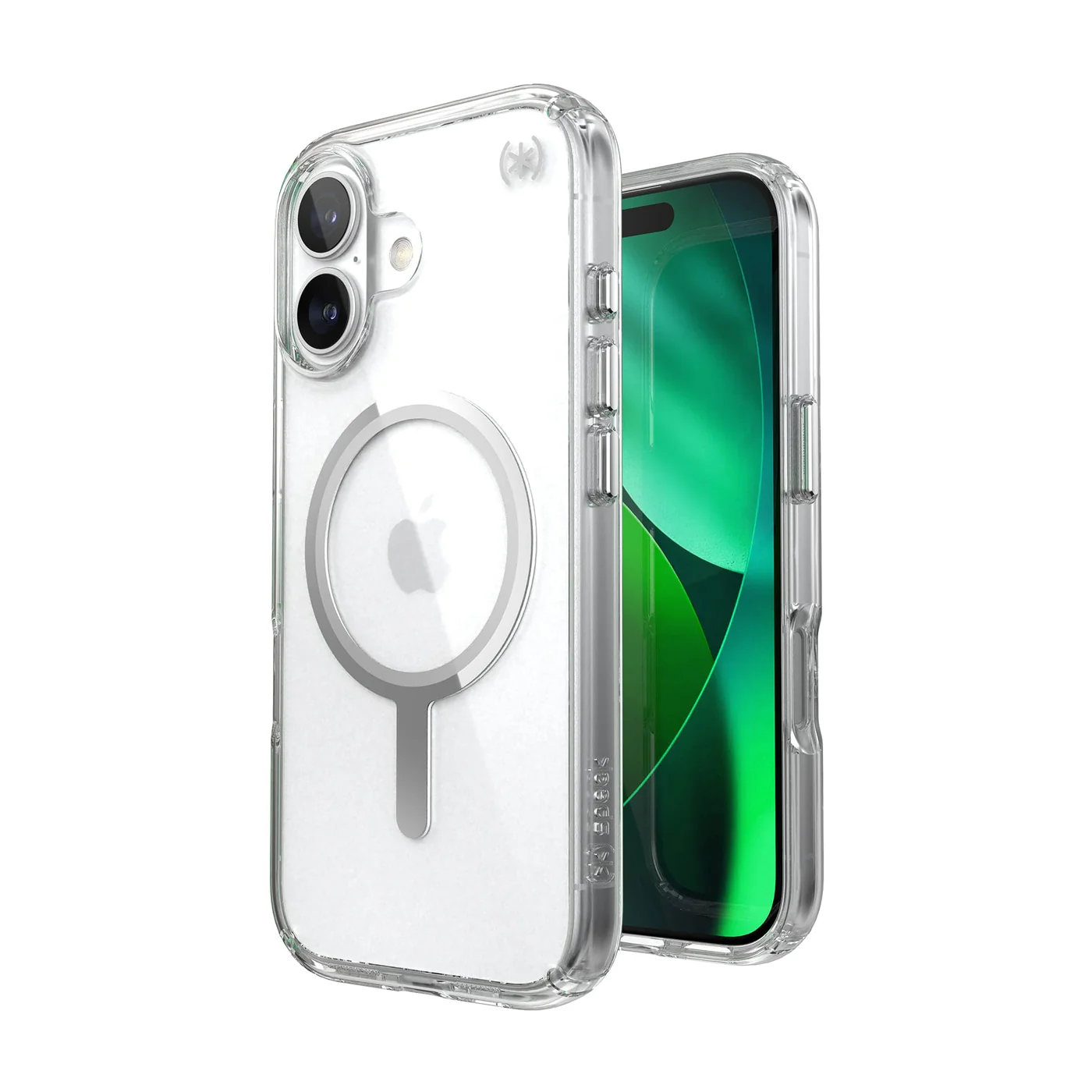 Átlátszó telefontok iPhone-nal. A tok ezüst gyűrűvel rendelkezik, Apple logóval és kameradudorral. A képernyő zöld.