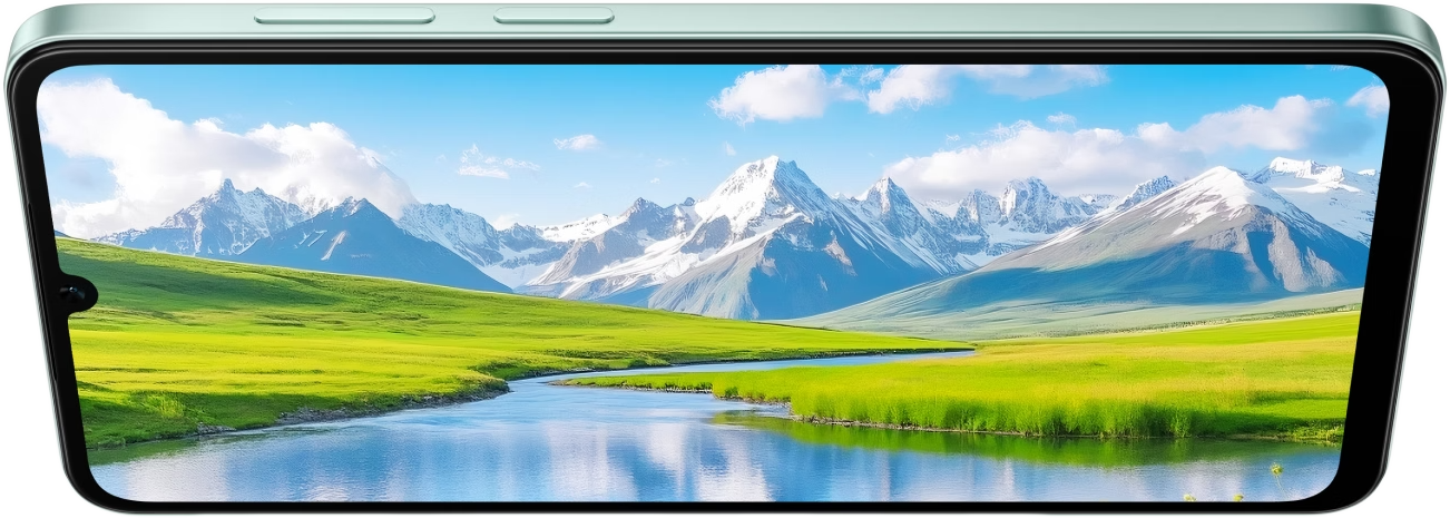 Egy telefon egy hegyvidéki tájat mutat folyóval és zöld mezőkkel, kék égbolttal és felhőkkel.