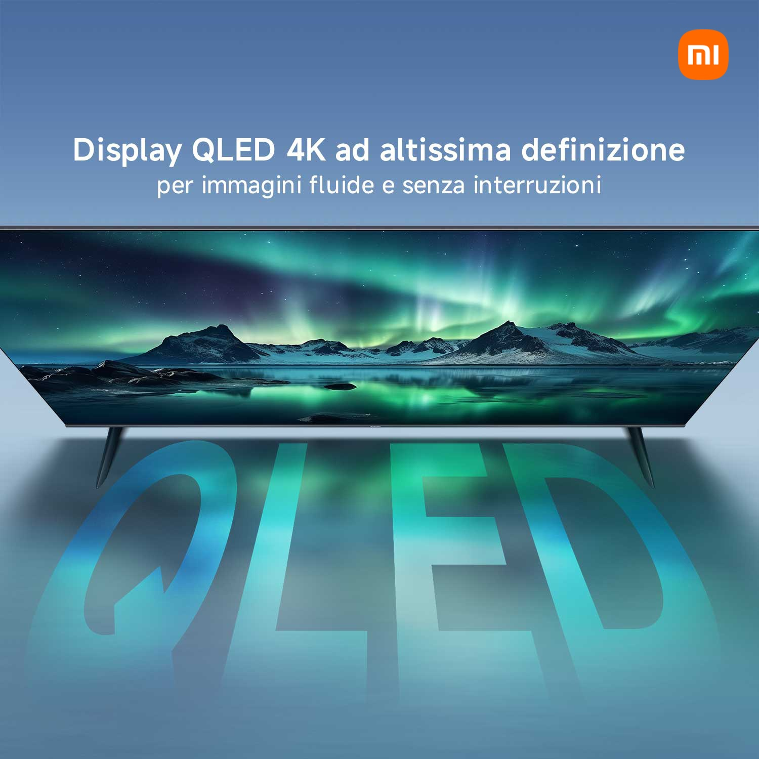 Un televisore QLED 4K con un display di aurora boreale. La parola QLED è in evidenza. Il logo Xiaomi è in alto a destra.