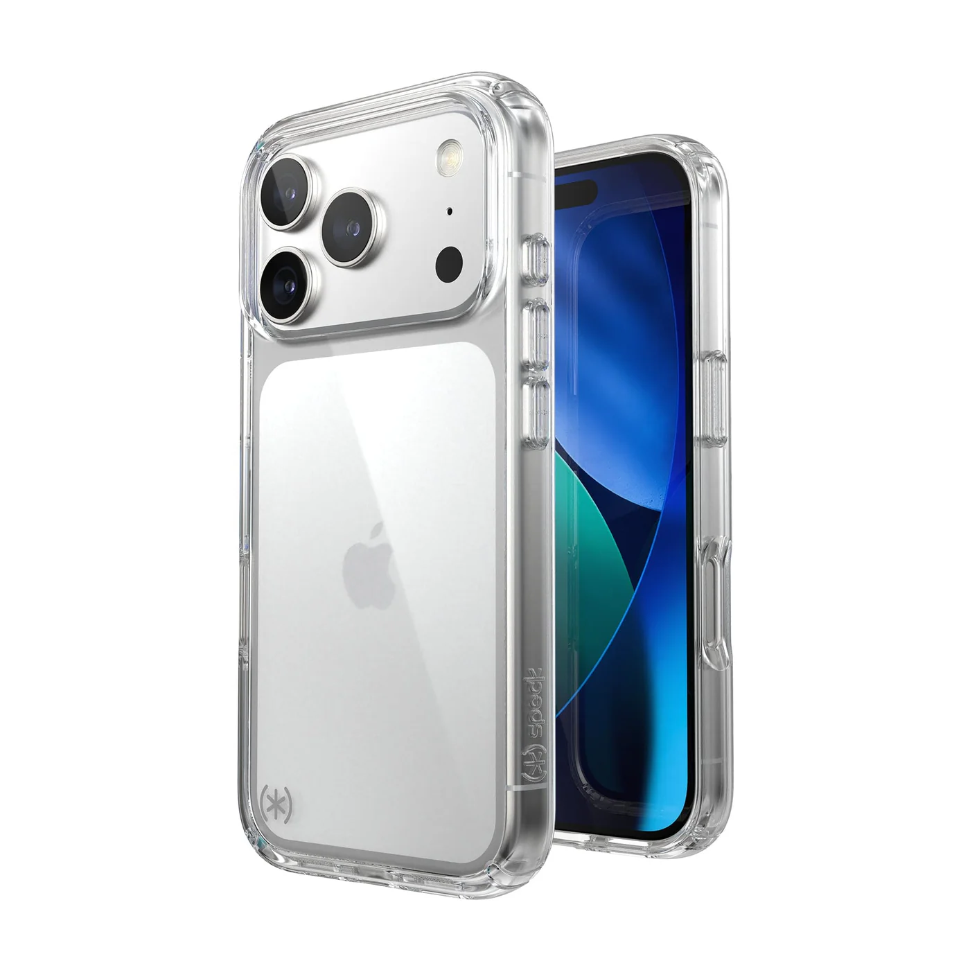 Átlátszó iPhone tok iPhone-nal. A tokon három kamera lyuk van, és átlátszó hátulján az Apple logó látható.