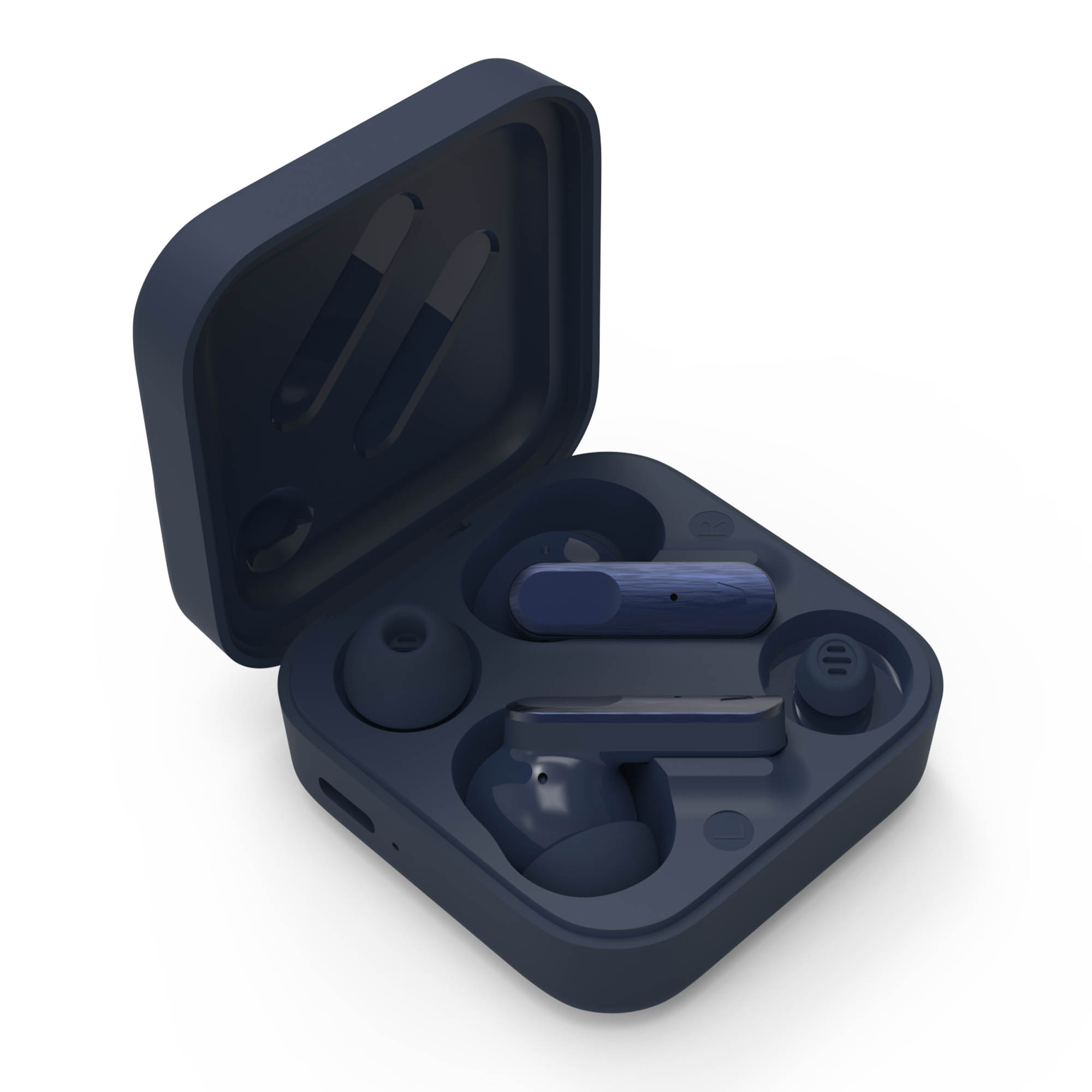 Funda de auriculares azul marino abierta con dos auriculares y estuche de carga. Fondo blanco.