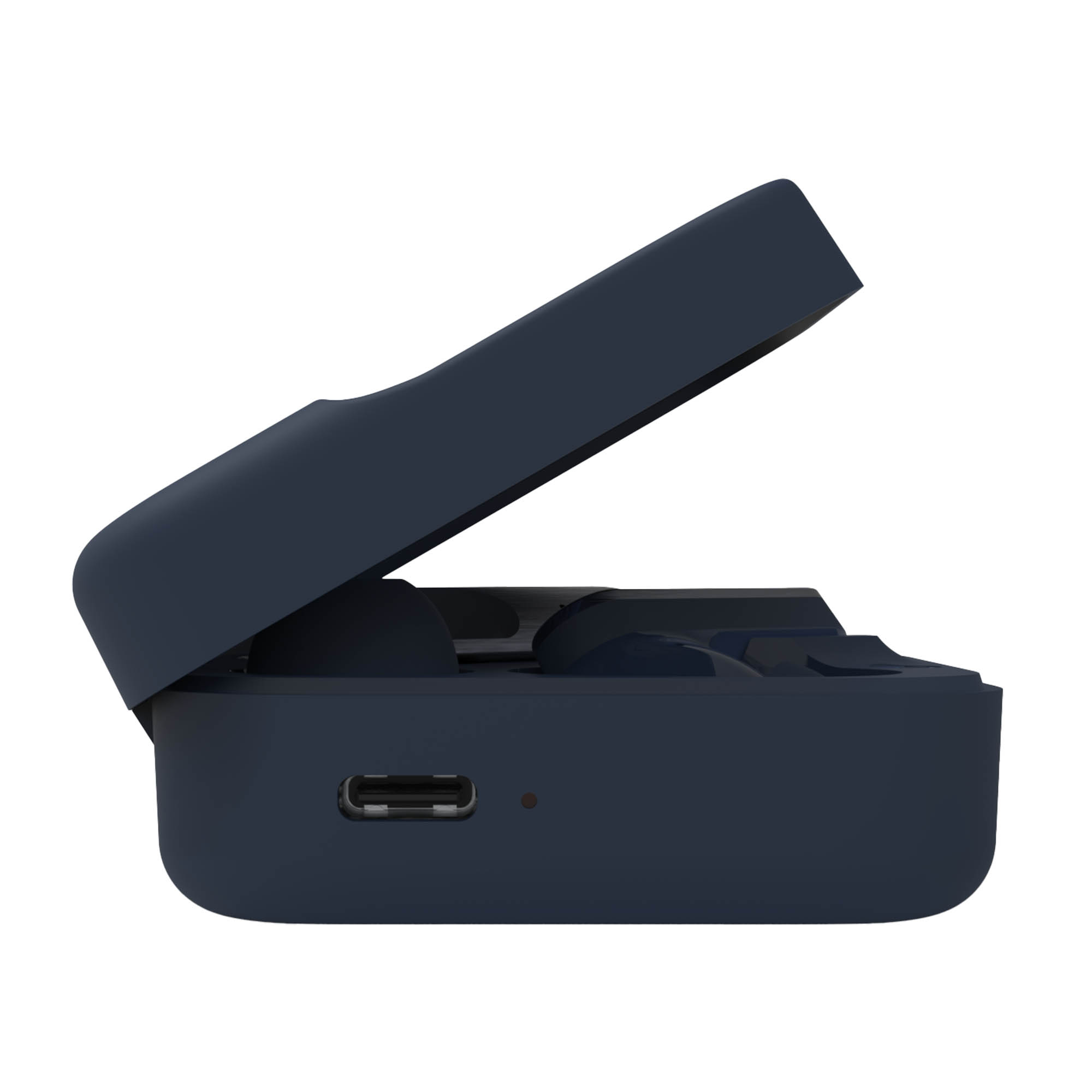 Estuche de auriculares azul marino abierto, tapa entreabierta, mostrando el interior. El estuche tiene un puerto USB-C. Fondo blanco.