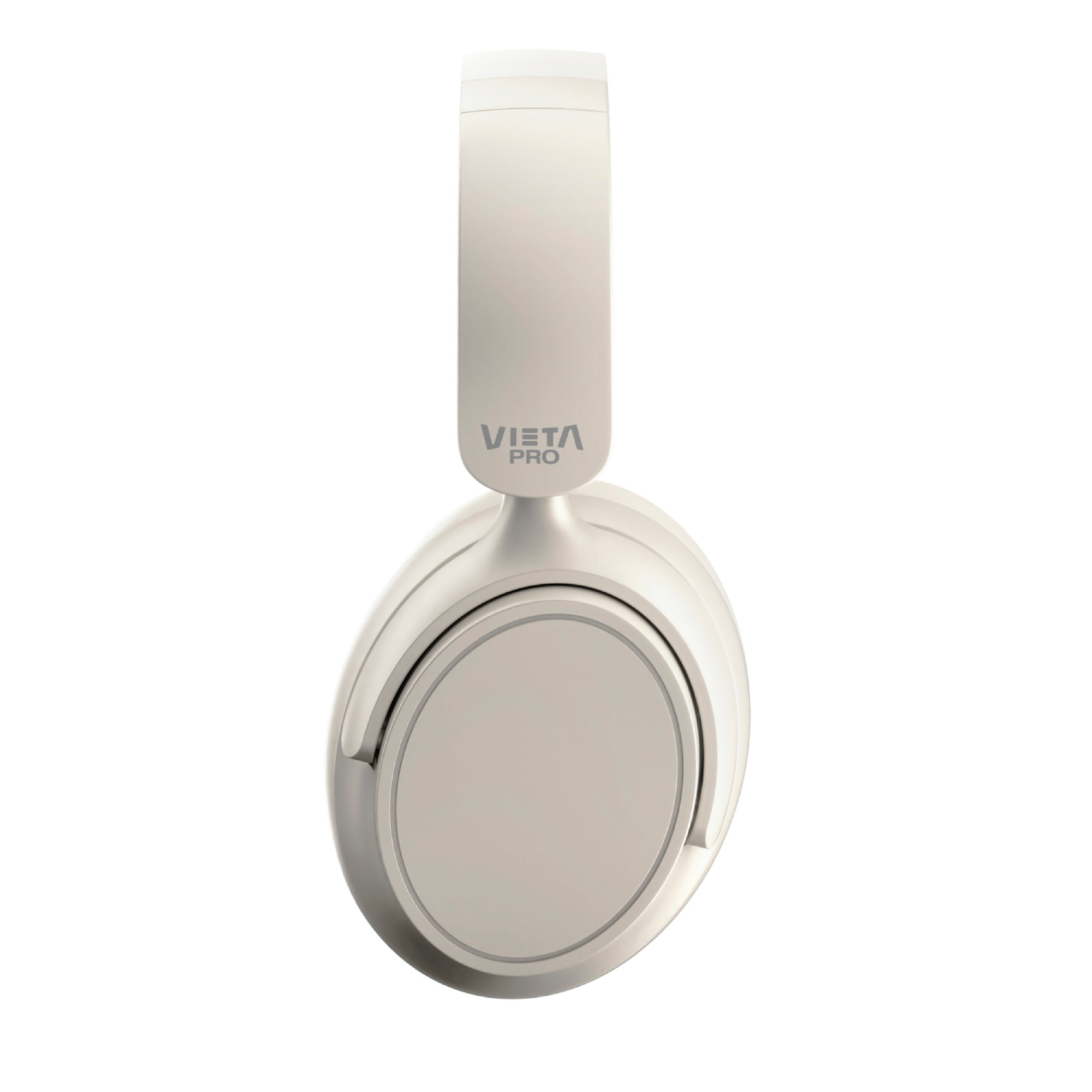 Un par de auriculares Vista Pro blancos sobre un fondo blanco. Los auriculares tienen un diseño circular en la orejera.