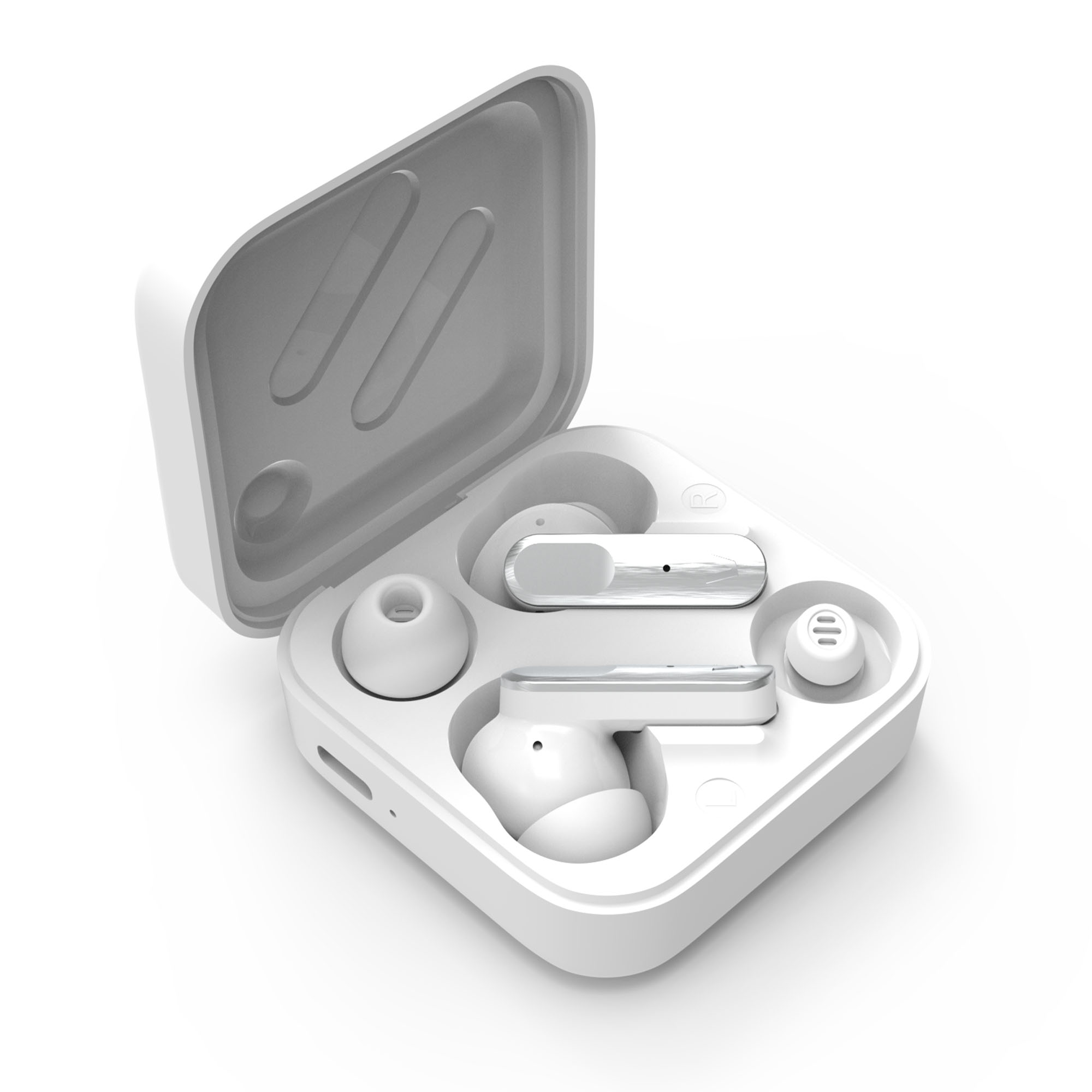Auriculares blancos en un estuche blanco, tapa abierta. Dos auriculares visibles. El estuche está en una superficie blanca.
