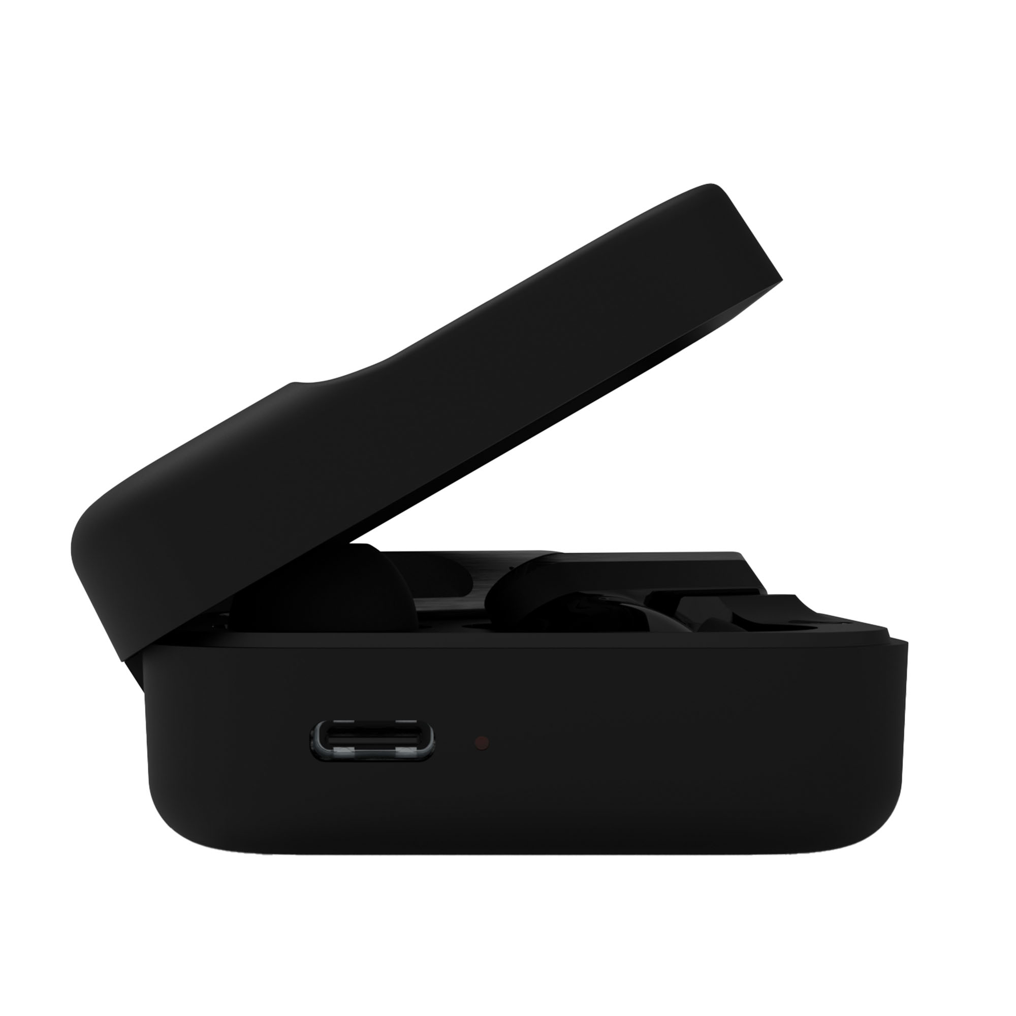 Estuche de carga de auriculares negro con tapa abierta. Puerto USB-C visible. Fondo blanco.