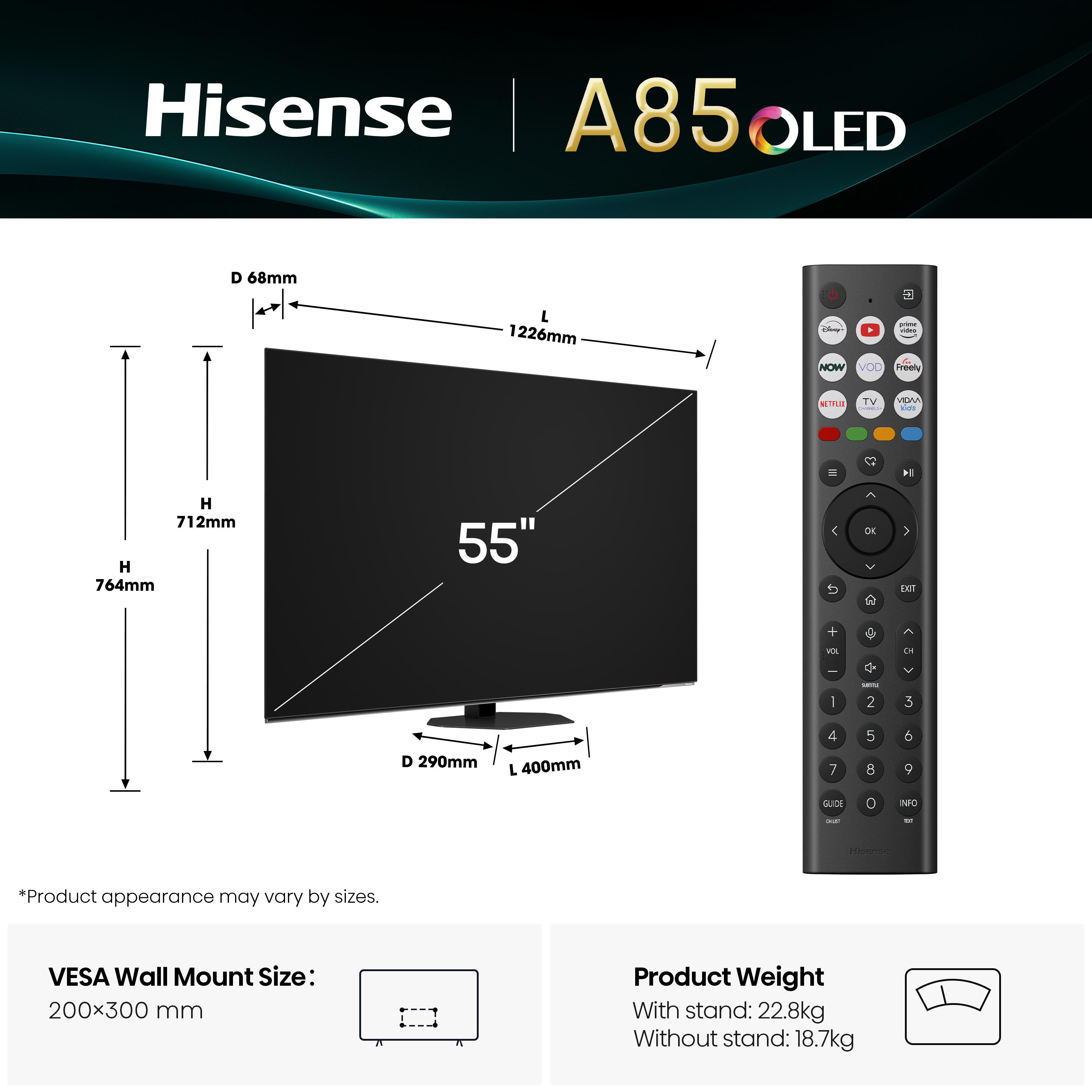 Ein Hisense A85 OLED-Fernseher mit Fernbedienung, Abmessungen und Gewichtsangaben. Der Bildschirm zeigt 55 Zoll.
