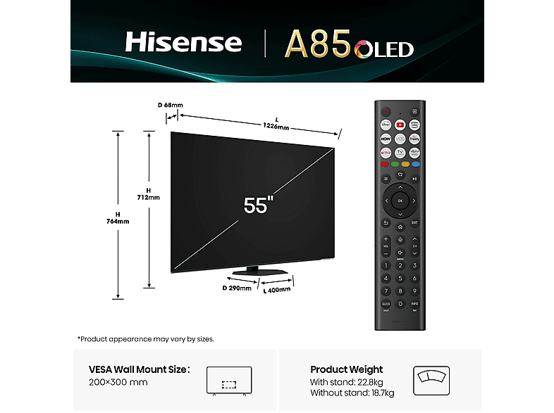Thumbnail - HISENSE 55A85Q 4K OLED TV (Flat, 55 Zoll / 139 cm, UHD 4K, SMART TV)