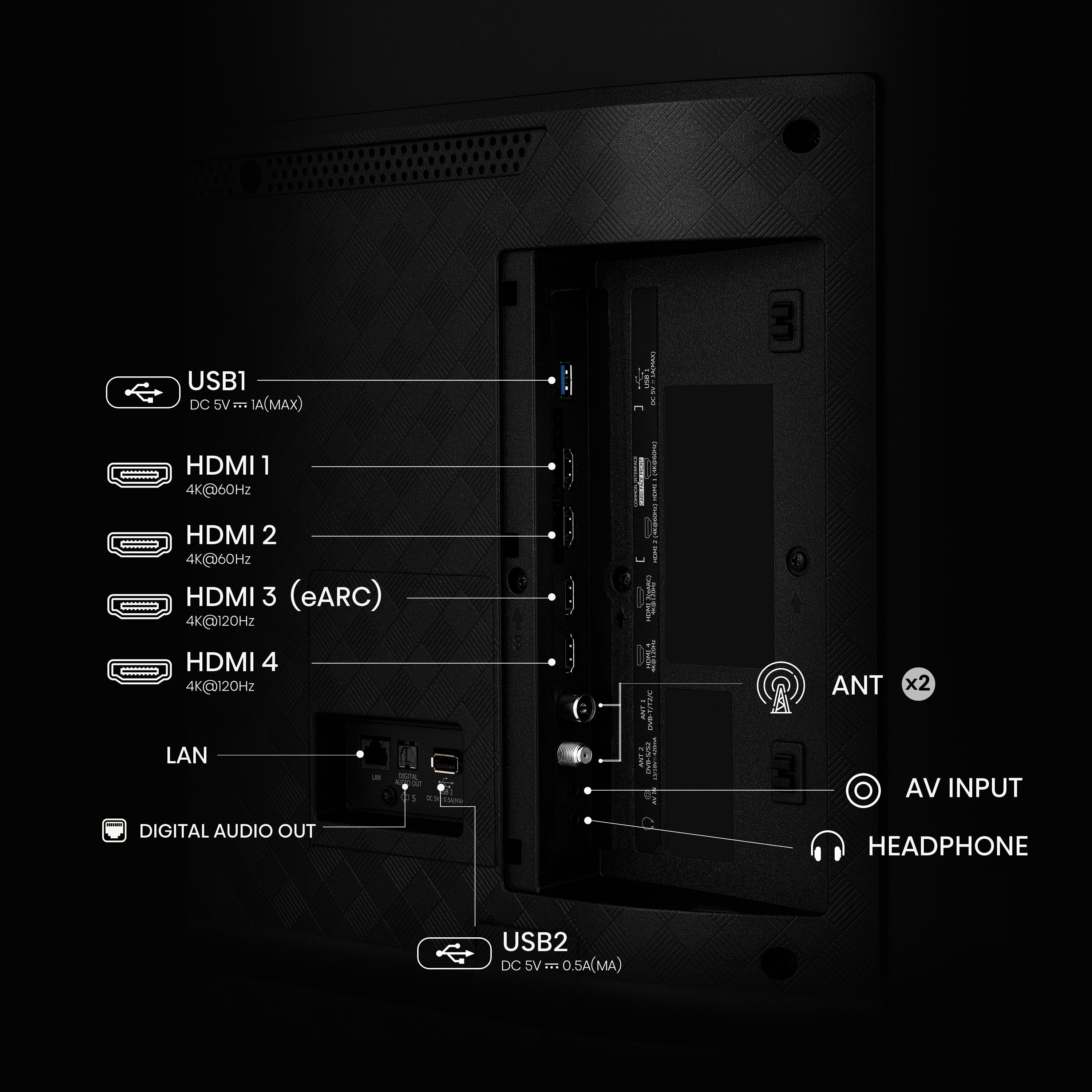 Rückseite des Fernsehers mit beschrifteten Eingängen: USB, HDMI, LAN, Audioausgang, Antenne und Kopfhöreranschluss.
