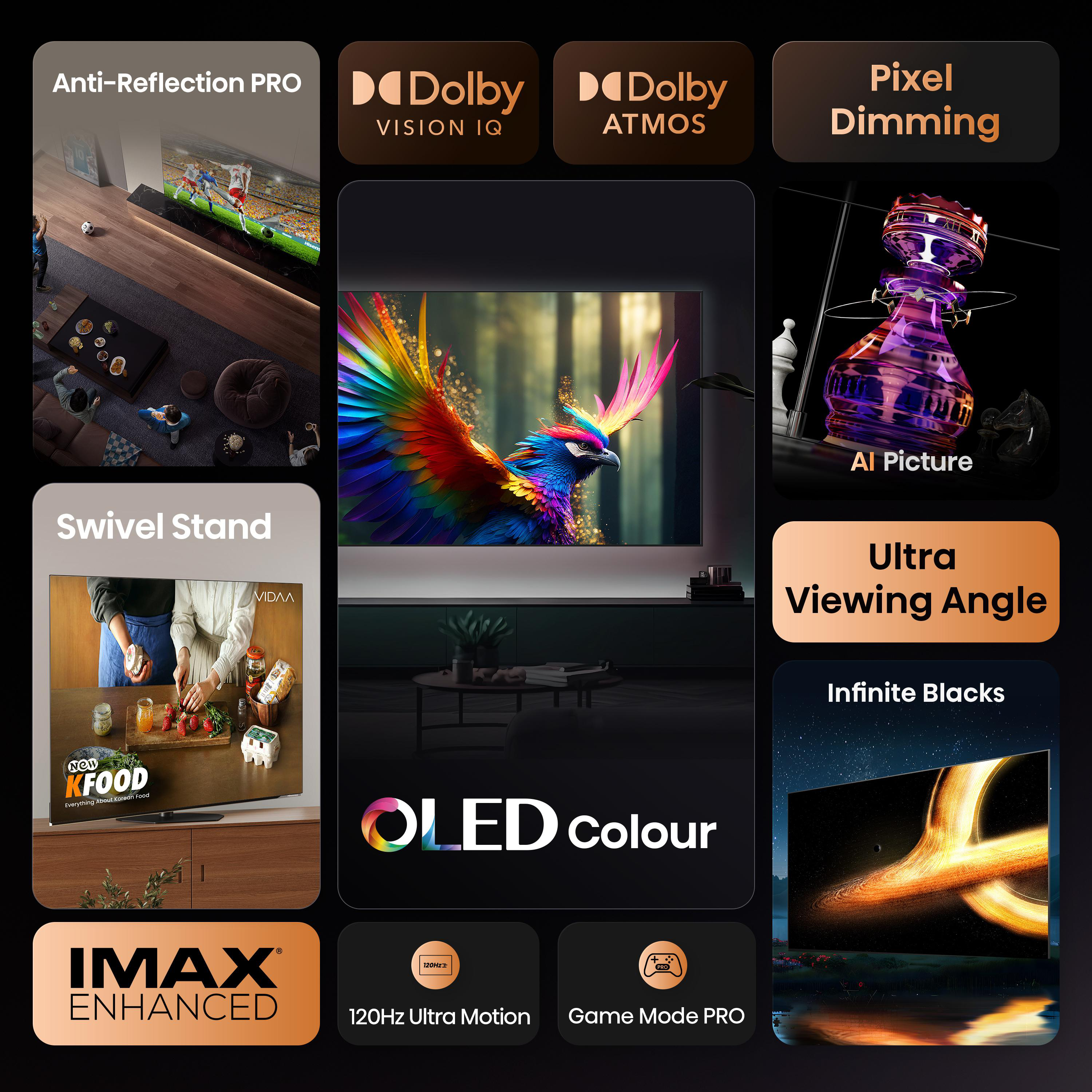 Eine Werbung mit einem Fernseher mit verschiedenen Funktionen wie Dolby, Pixel-Dimming und unendlichem Schwarz.