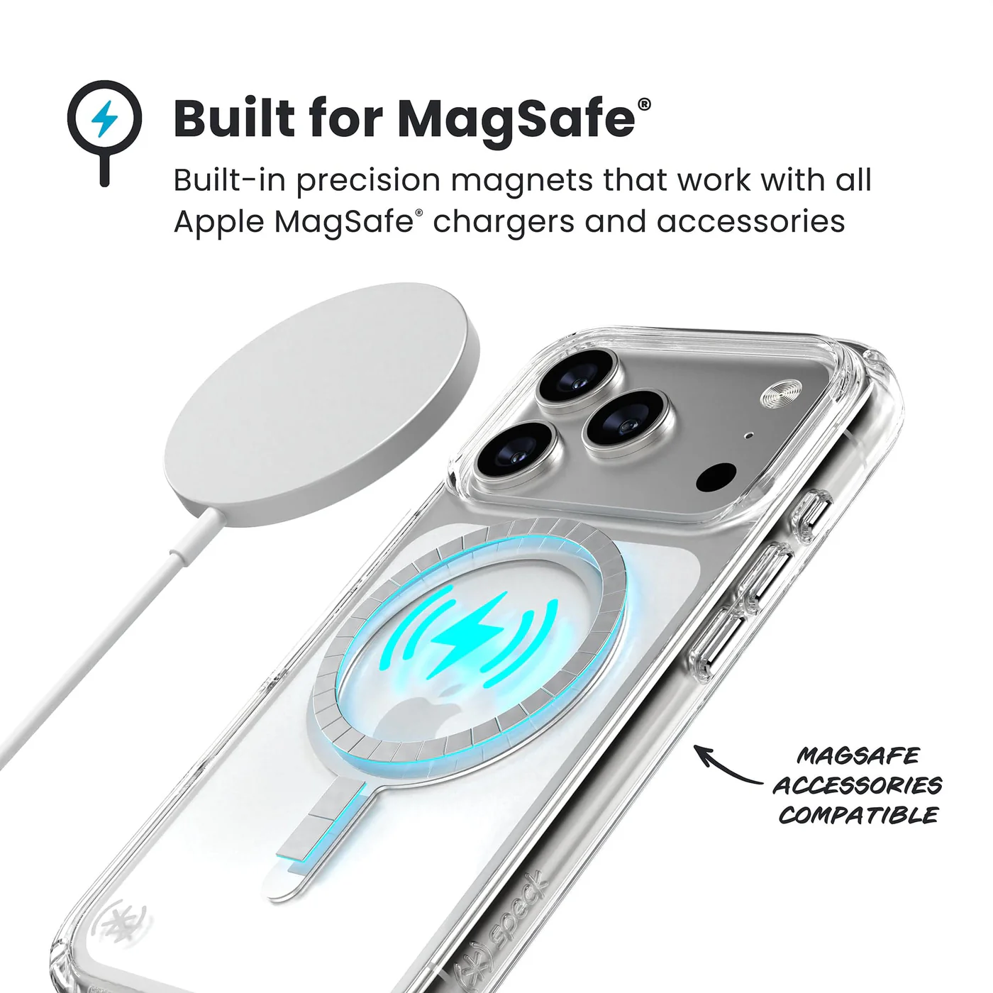 Egy átlátszó telefontok MagSafe töltővel. A tok kék fénylő körrel jelzi a töltést.