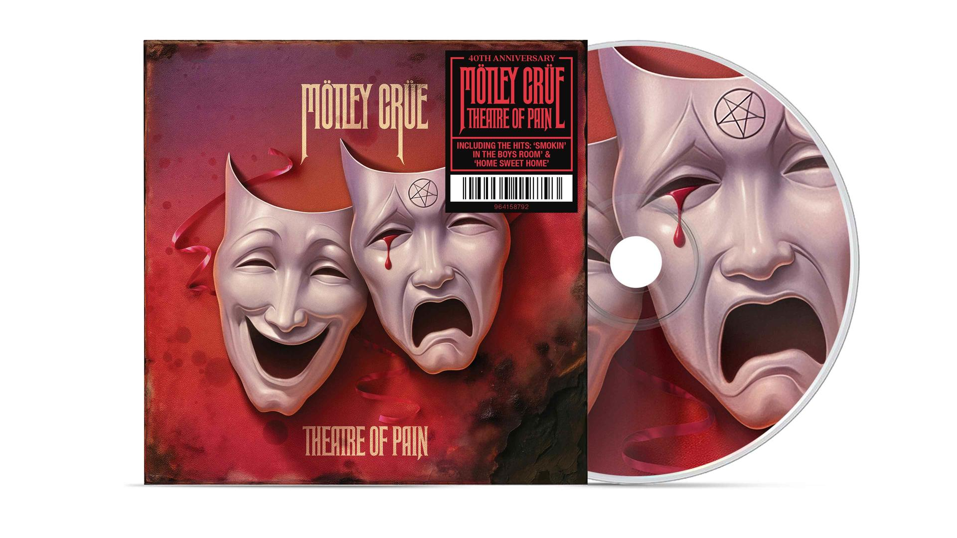 Albumcover mit drei Masken: glücklich, weinend und neutral. Text: Motley Crue Theatre of Pain. Enthält eine CD.