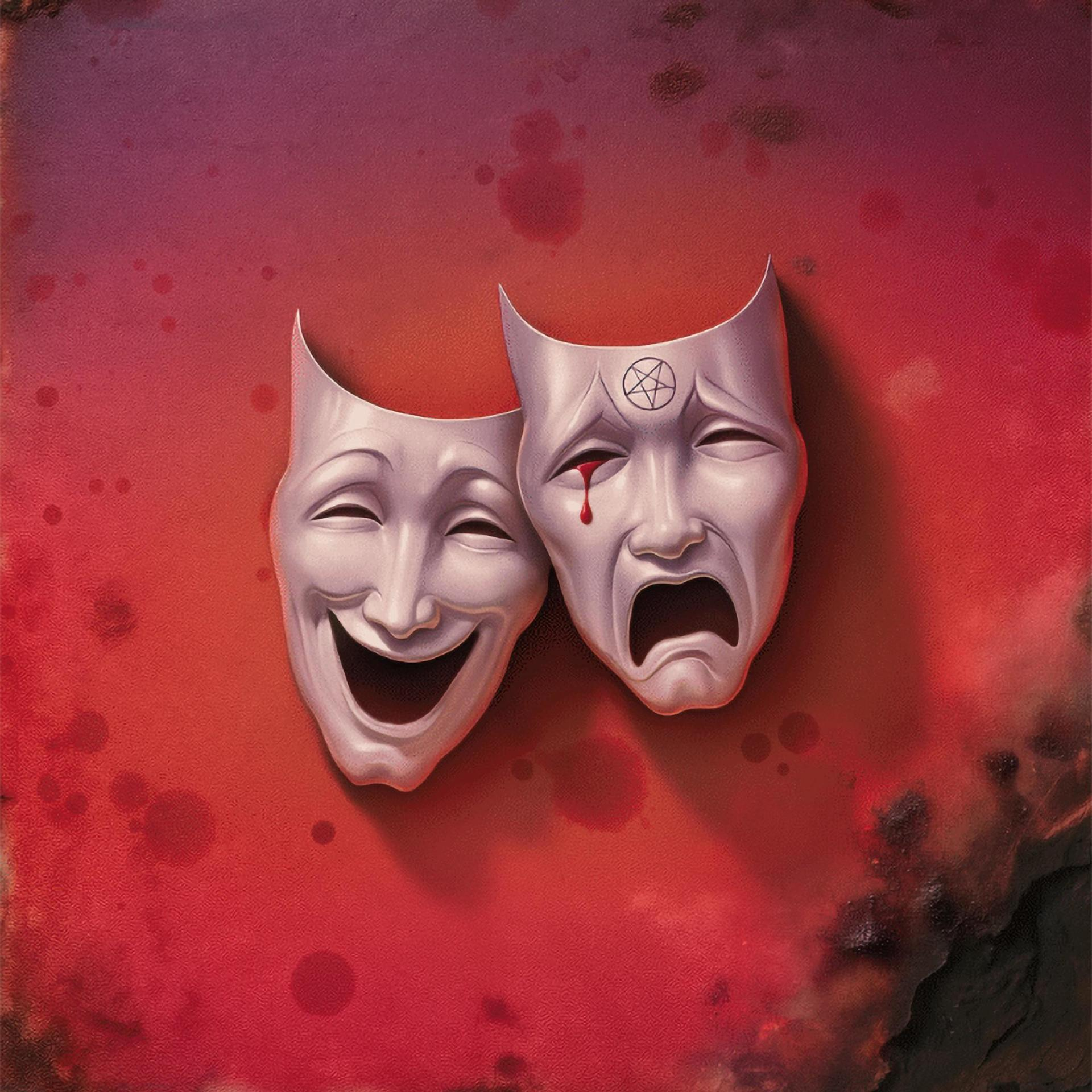 Zwei Theatermasken, eine lachend, eine weinend mit einer Träne. Roter Hintergrund mit Blutspritzern und einem Pentagramm.