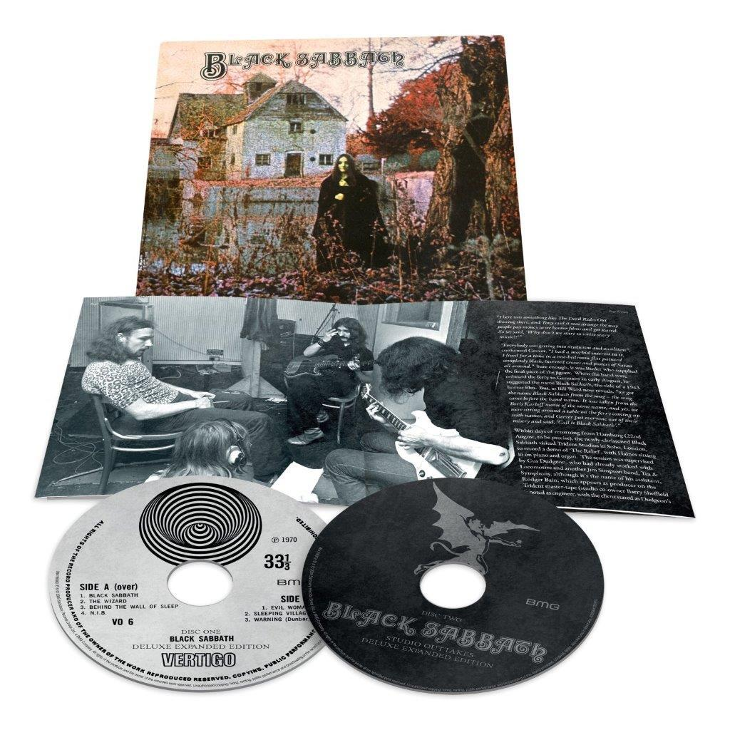 Black Sabbath album borító és CD-k, fekete ruhás nővel egy ház előtt.