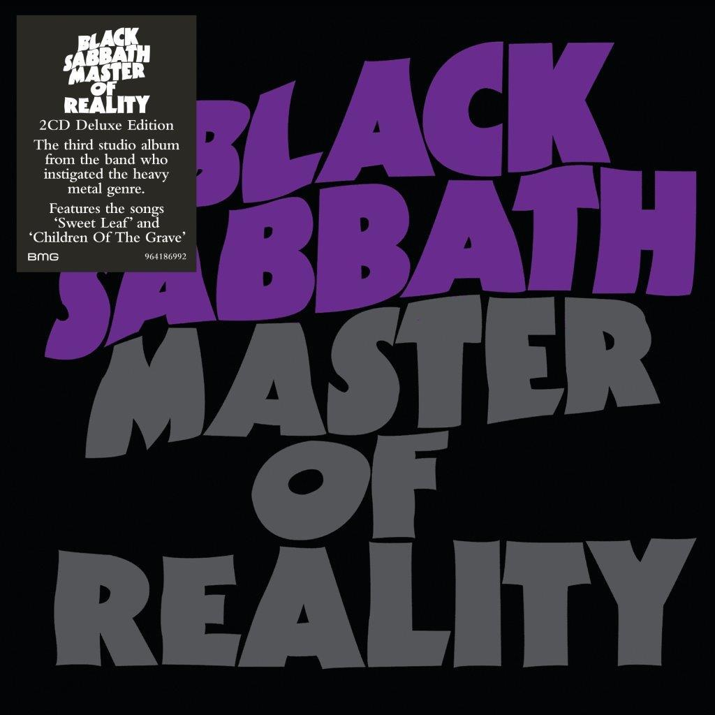 Black Sabbath Master of Reality Albumcover. Lila und grauer Text auf Schwarz.