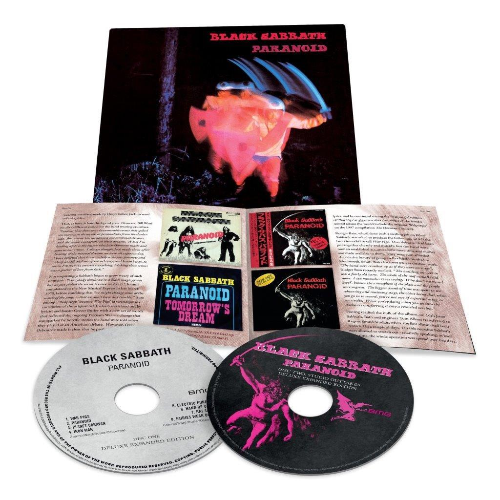 Schwarze-Sabbath-Paranoid-Albumcover mit kleinen CD-Hüllen und CDs.