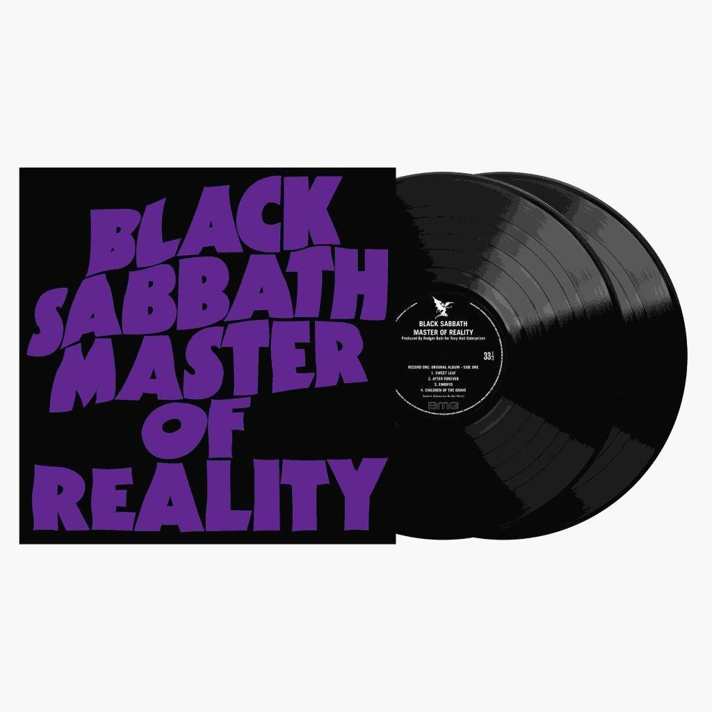 Albumcover für Black Sabbaths 'Master of Reality' mit lila Text auf Schwarz. Vinyl-Schallplatten sind sichtbar.
