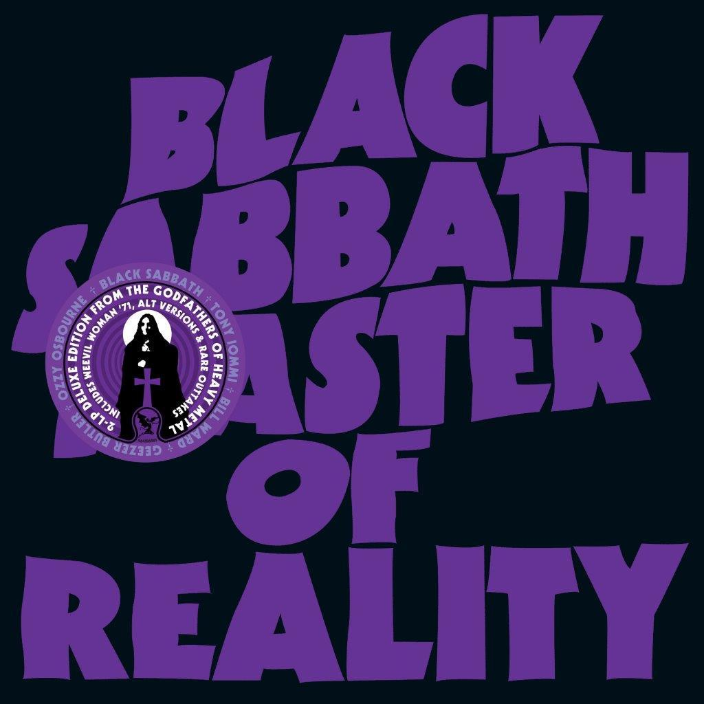 Albumcover für Black Sabbaths Master of Reality. Es zeigt den Namen der Band in großen lila Buchstaben auf schwarzem Hintergrund.