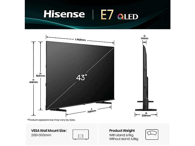 HISENSE 43E7Q 4K QLED TV (Flat, 43 Zoll / 108 cm, UHD 4K, SMART TV)