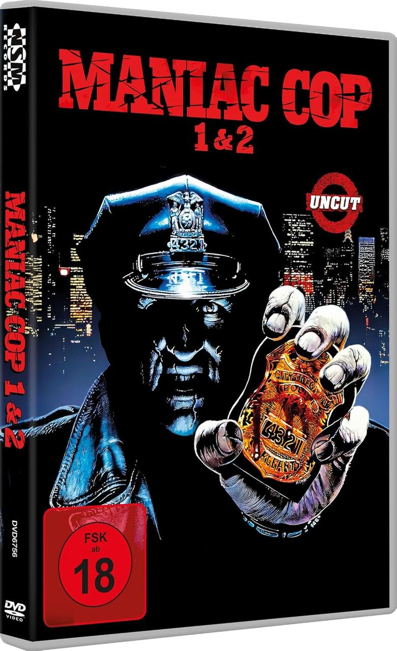 DVD-Cover von Maniac Cop 1&2. Ein bedrohlicher Polizist hält eine Plakette mit seiner Nummer. Skyline im Hintergrund. Freigegeben ab 18 Jahren.
