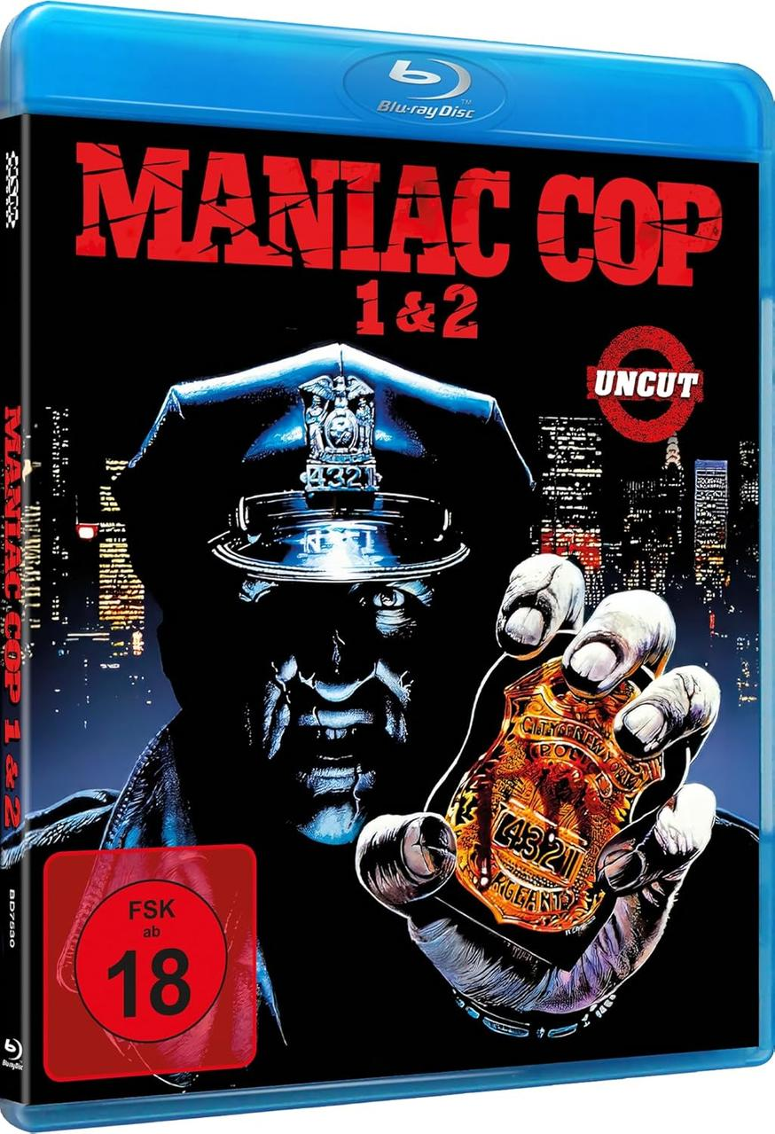 Blu-ray Disc von Maniac Cop 1&2. Artwork zeigt einen Polizisten, ein Abzeichen und die Skyline. Bewertung ist FSK 18.