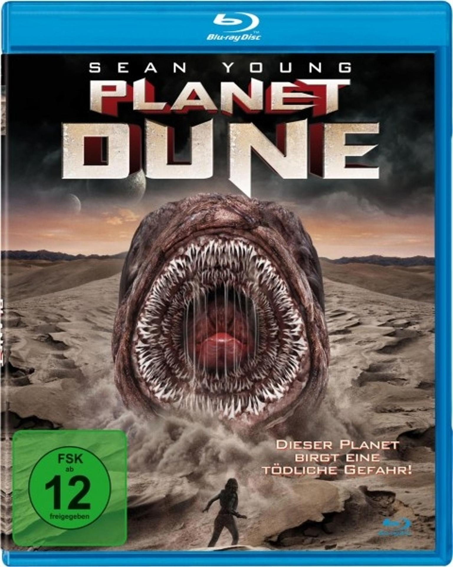 Planet Dune Blu-ray Cover: Sandwurm-Mund, Wüstenlandschaft, Mann und FSK 12 Siegel.