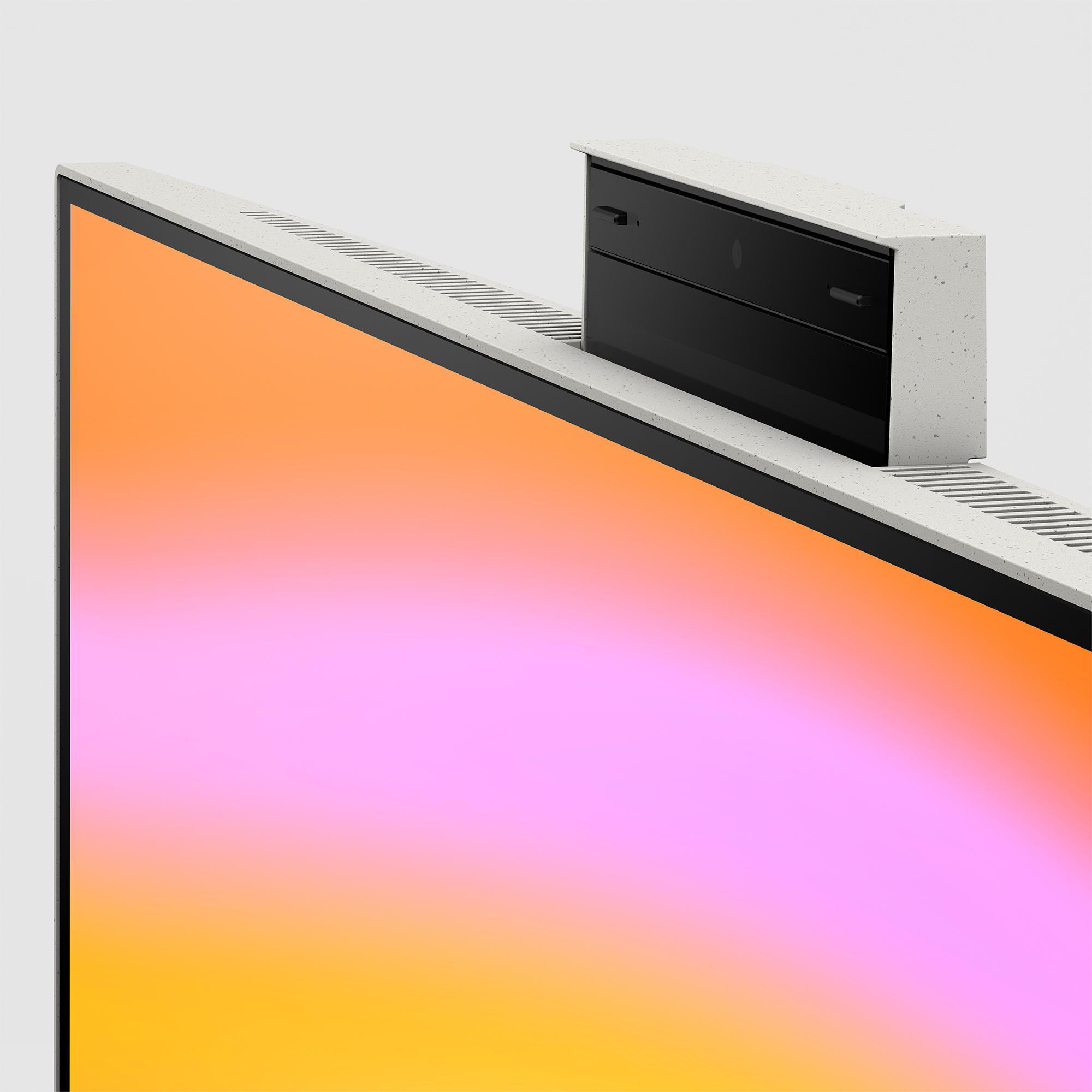Ein Gerät mit Farbverlaufsbildschirm, schwarzer Kamera und weißer, gesprenkelter Oberseite. Bildschirmfarben wechseln von Orange zu Pink.