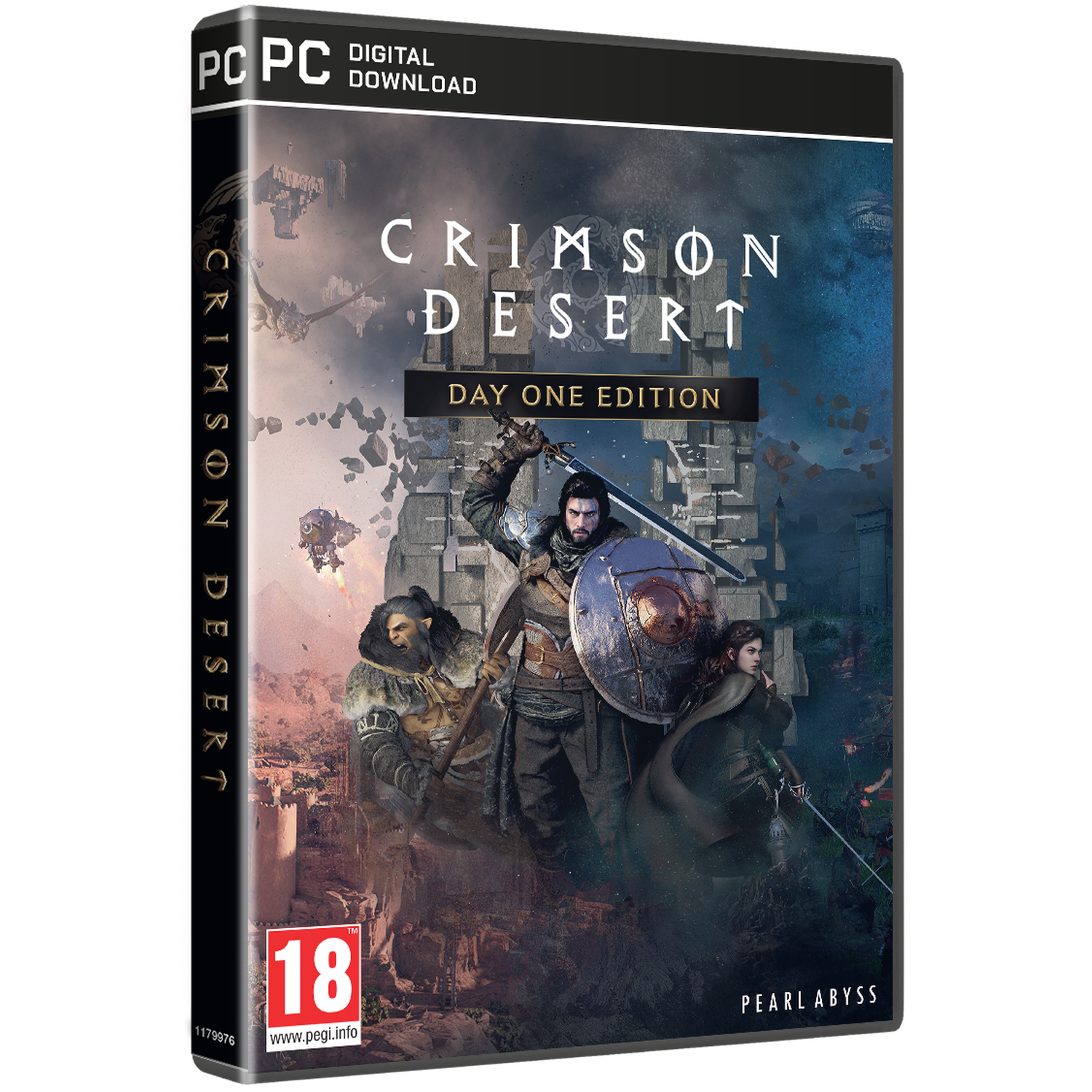 Game box art for Crimson Desert. Shows a warrior with sword and shield, other characters, and the game's title.