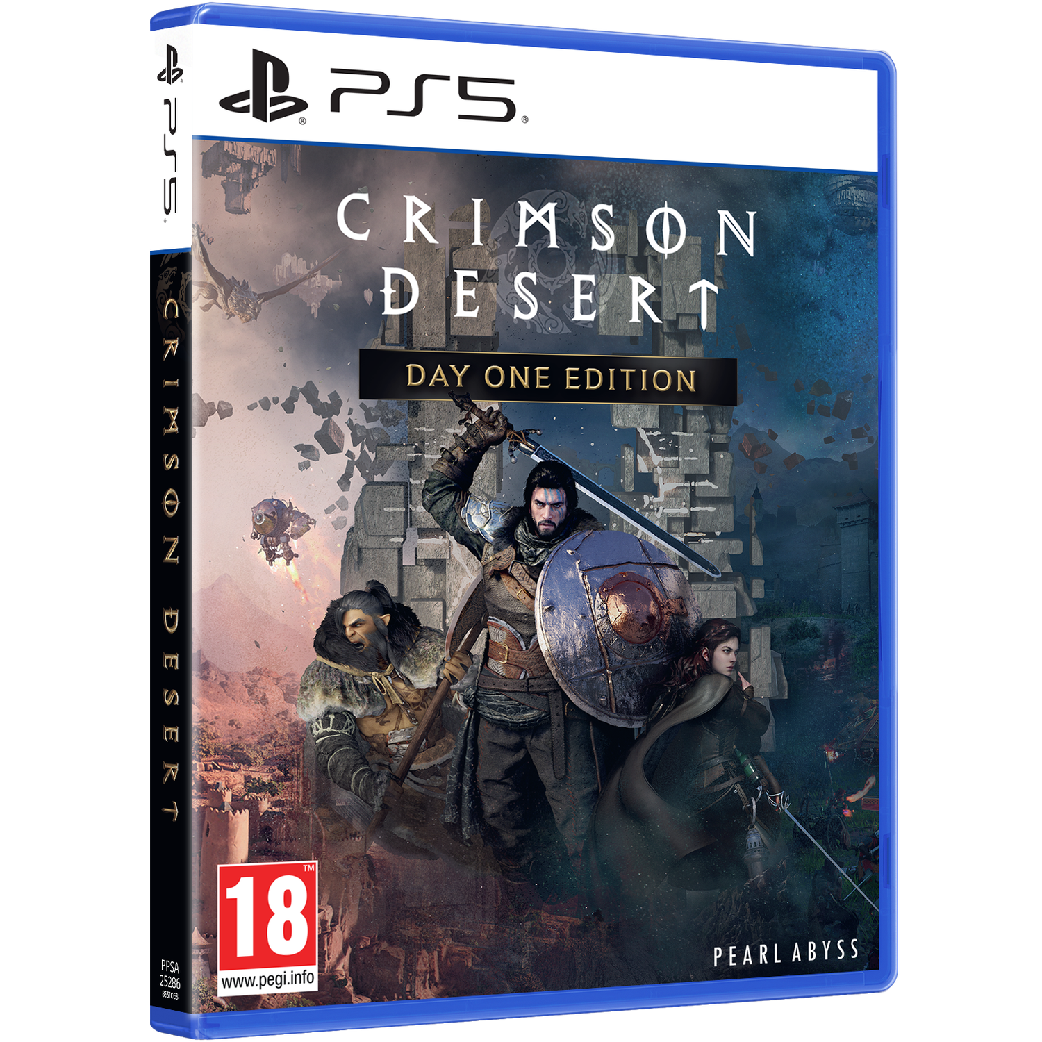PS5 game box for 'Crimson Desert'. Shows a warrior with shield and sword, two companions, and a fantasy background.