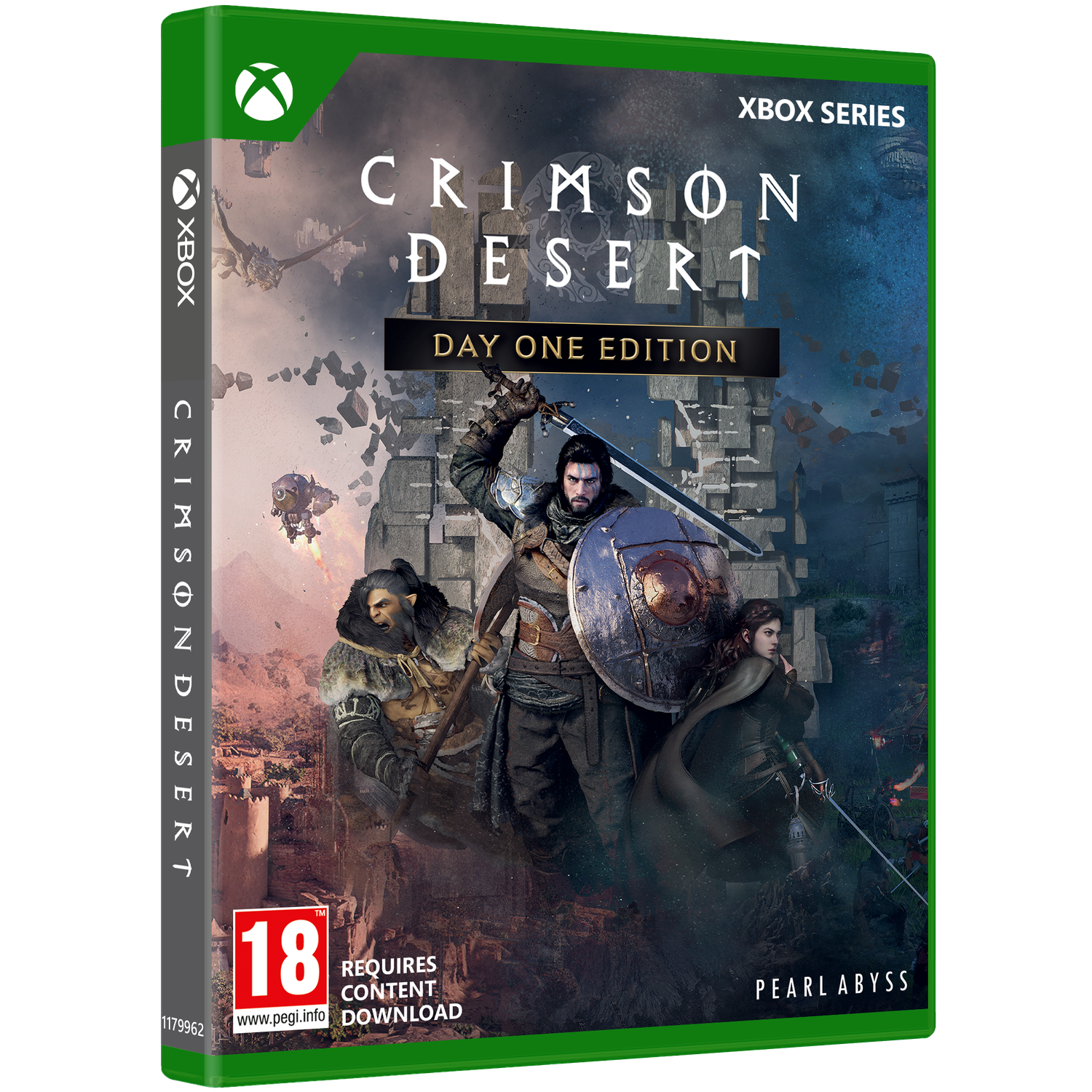 Xbox gamebox art voor Crimson Desert. Toont een krijger met zwaard en schild, andere personages en een afbrokkelend kasteel.