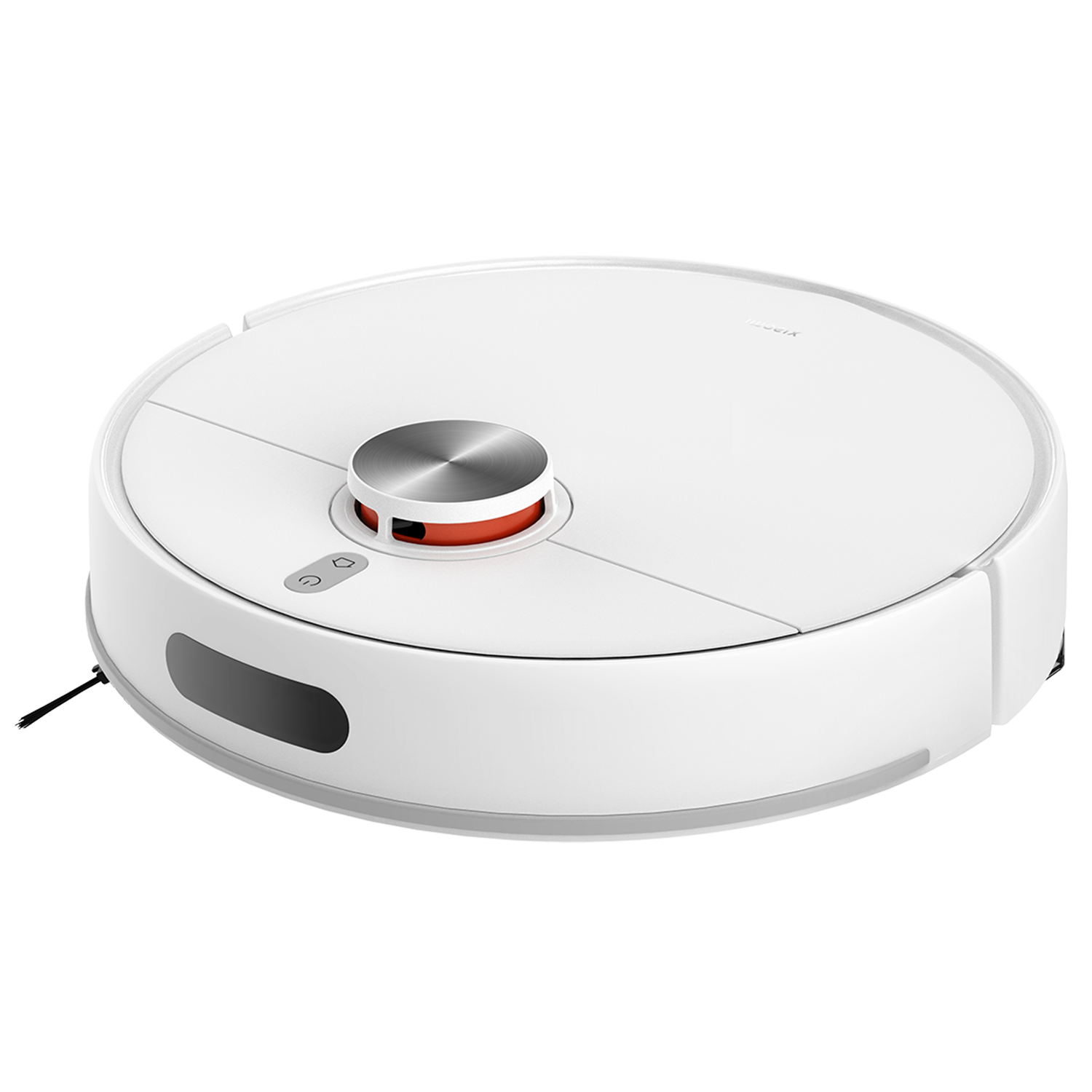 Una aspiradora robótica blanca. Tiene una parte superior plateada, un anillo naranja y un sensor negro. El diseño es redondo.