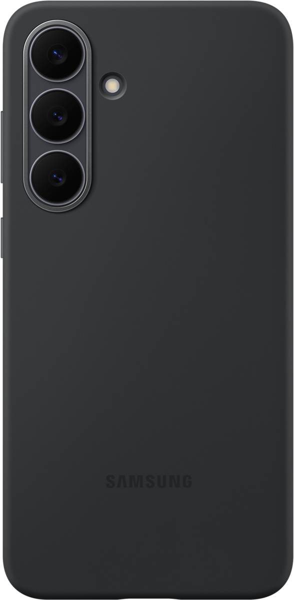 Una custodia nera per telefono Samsung, con tre lenti della fotocamera allineate verticalmente e un flash. Logo Samsung in basso.