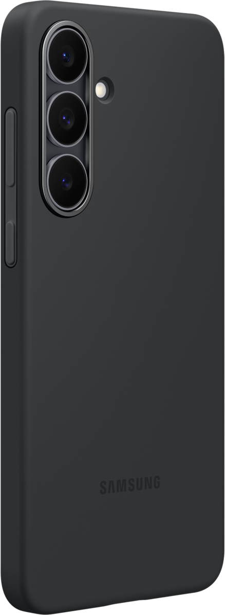 Un telefono Samsung nero con tre fotocamere e un flash. Il logo Samsung è visibile.