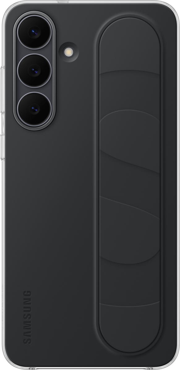 Retro del telefono Samsung nero con tre fotocamere, un flash e un'impugnatura integrata. Bordi trasparenti.