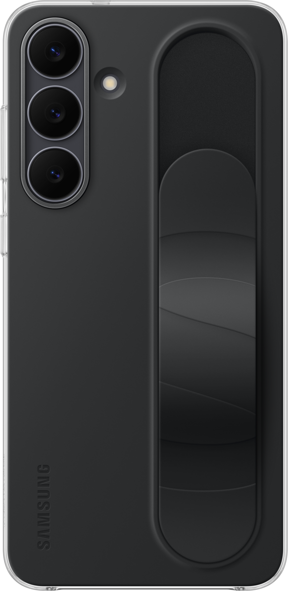 Custodia per telefono nera con impugnatura integrata. Caratteristiche: tre obiettivi, un flash e il logo Samsung.